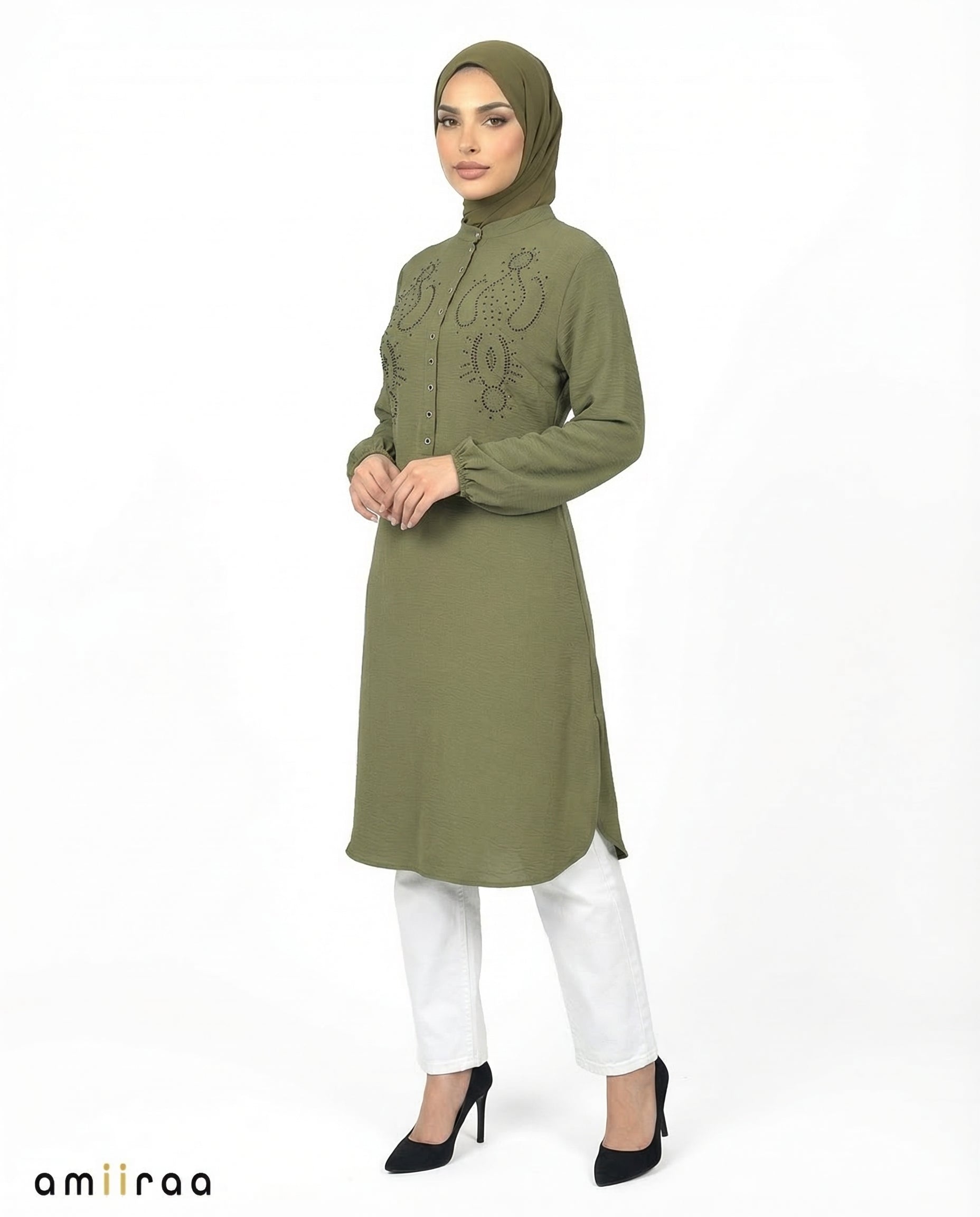 Four Leaf Beaded Modest Long Sleeve Tunic ShirtClover