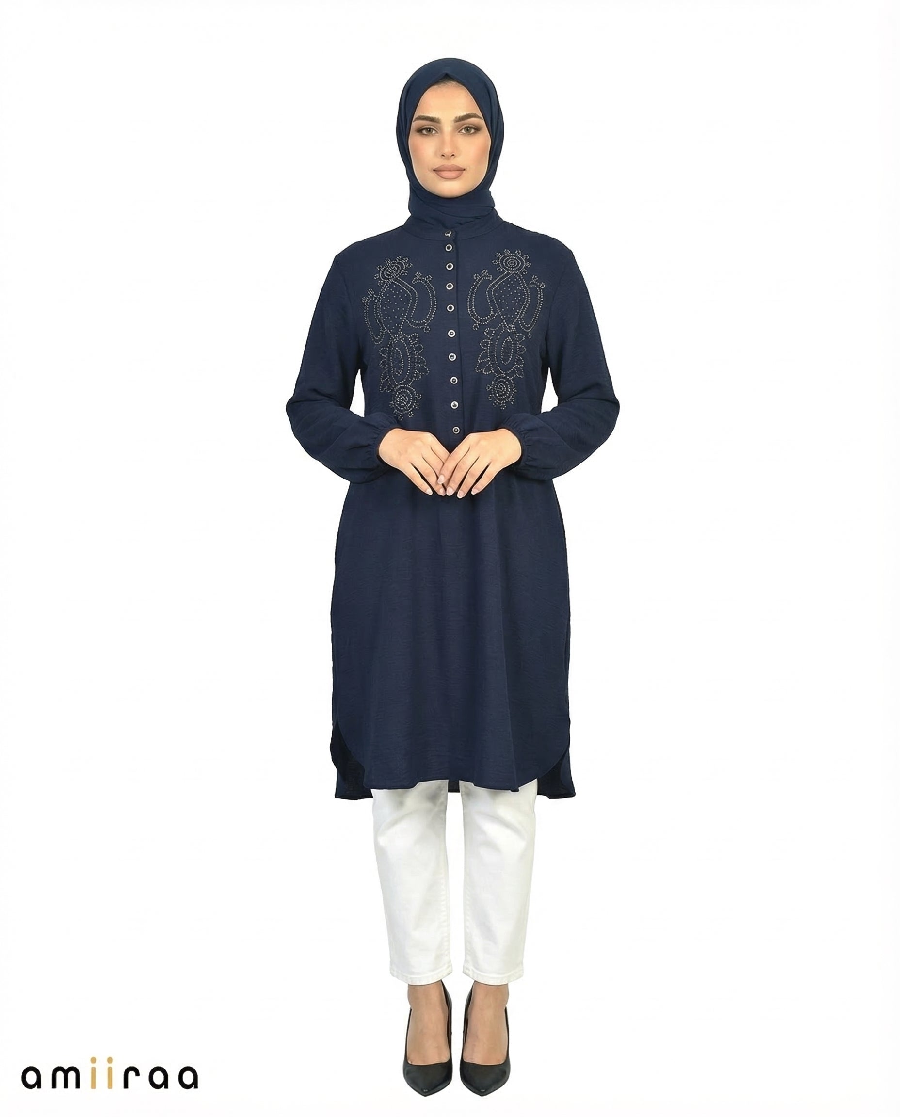 Black Iris Beaded Modest Long Sleeve Tunic Shirt