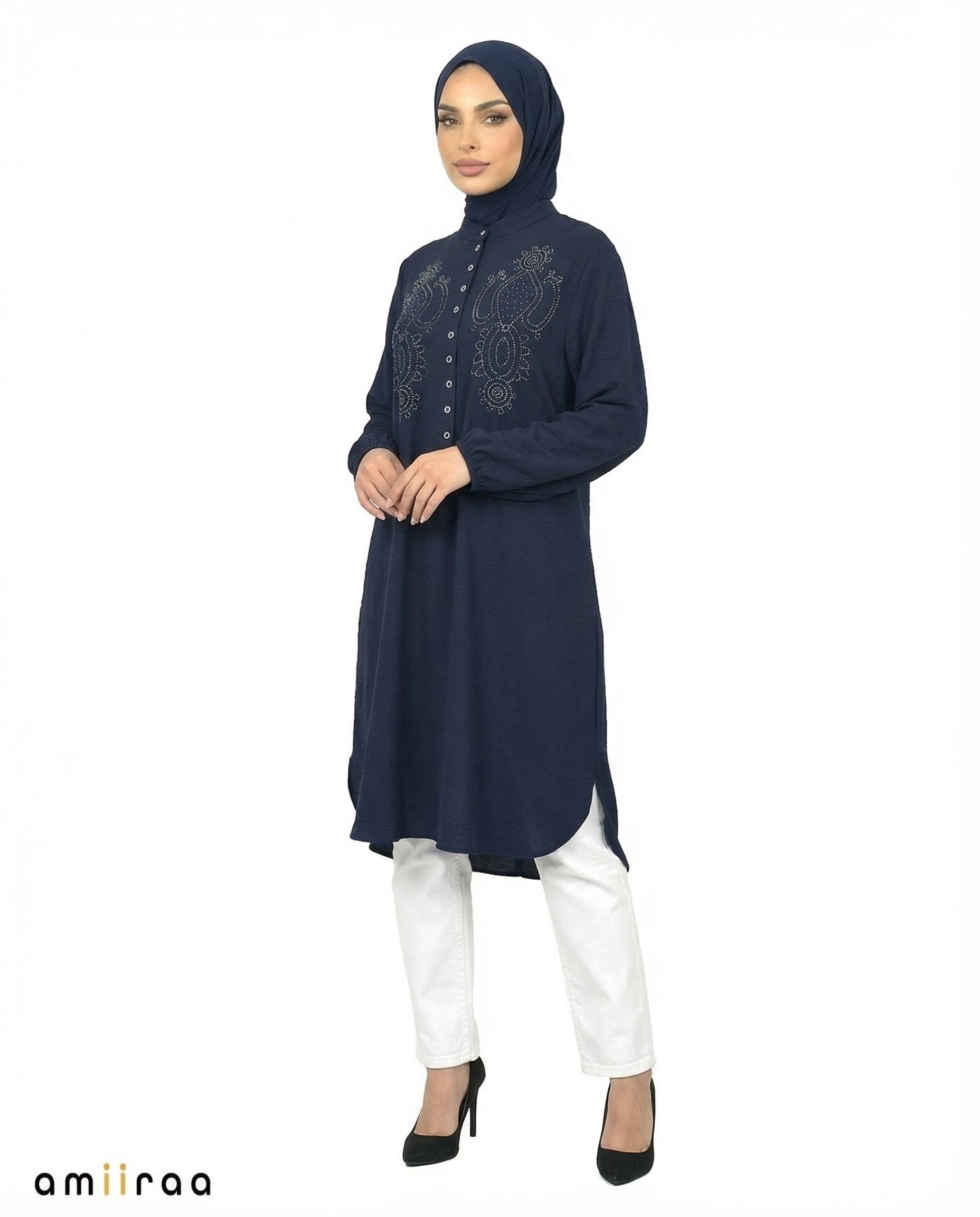 Black Iris Beaded Modest Long Sleeve Tunic Shirt