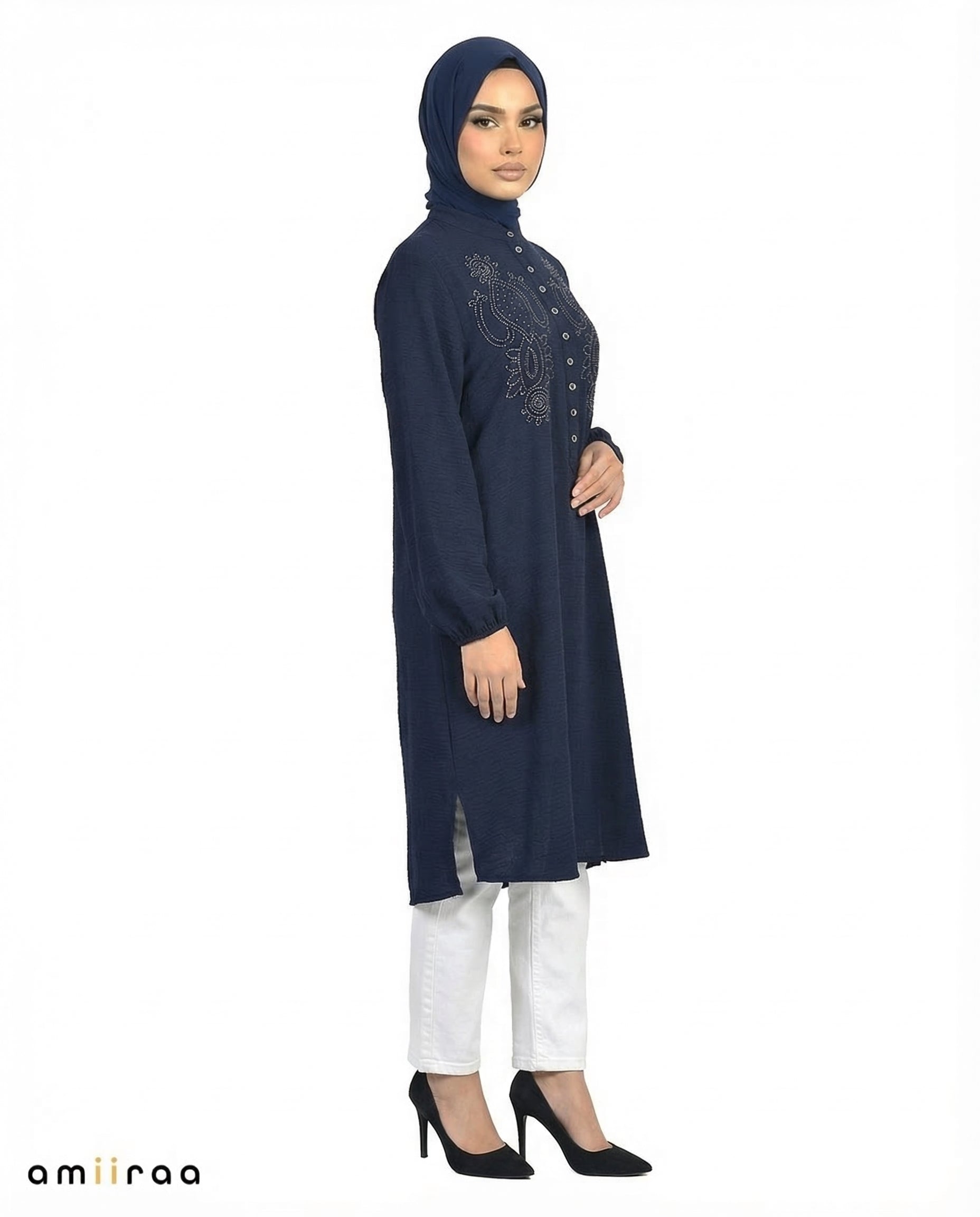 Black Iris Beaded Modest Long Sleeve Tunic Shirt