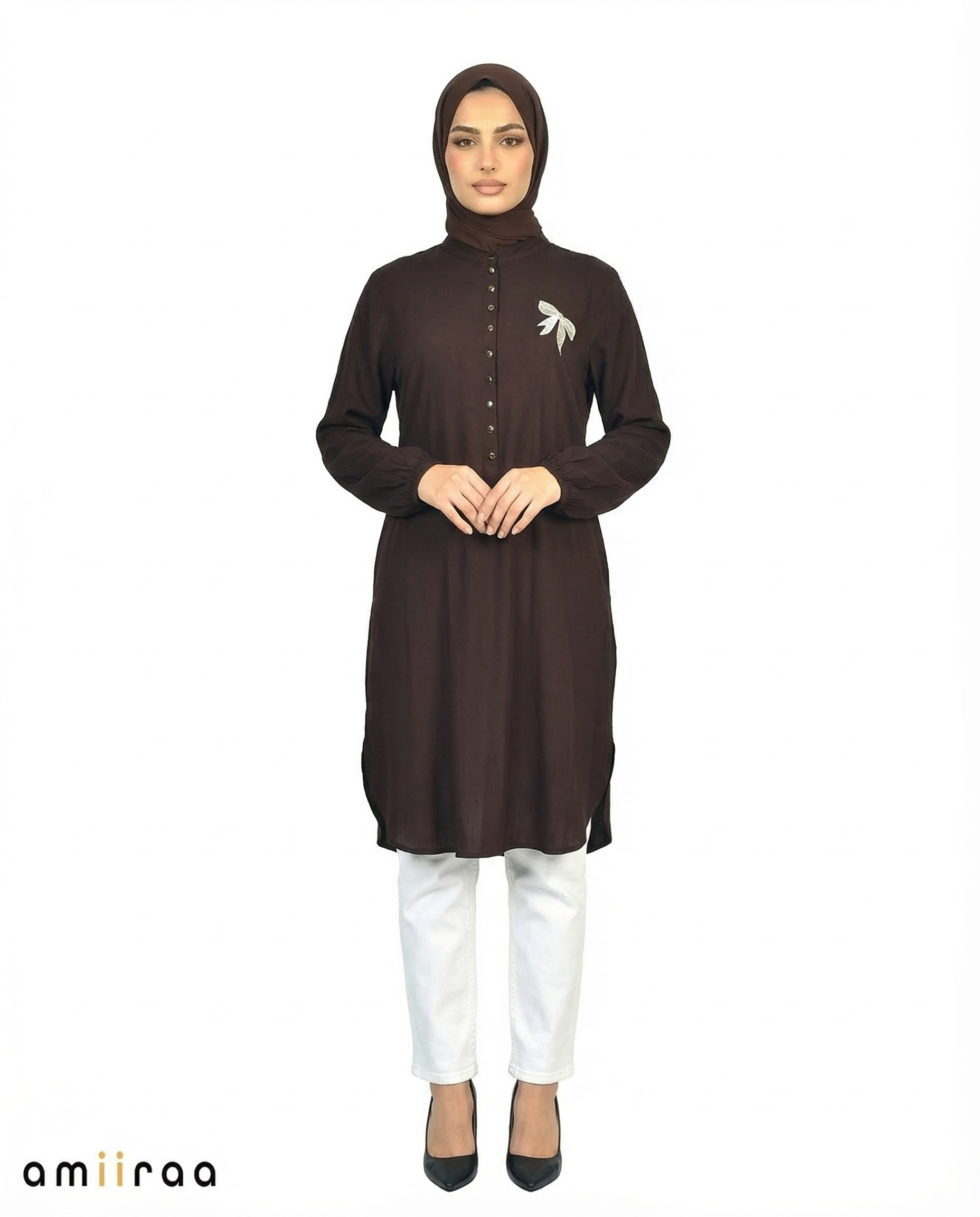 Black Bean Bow Embroided Modest Tunic Shirt