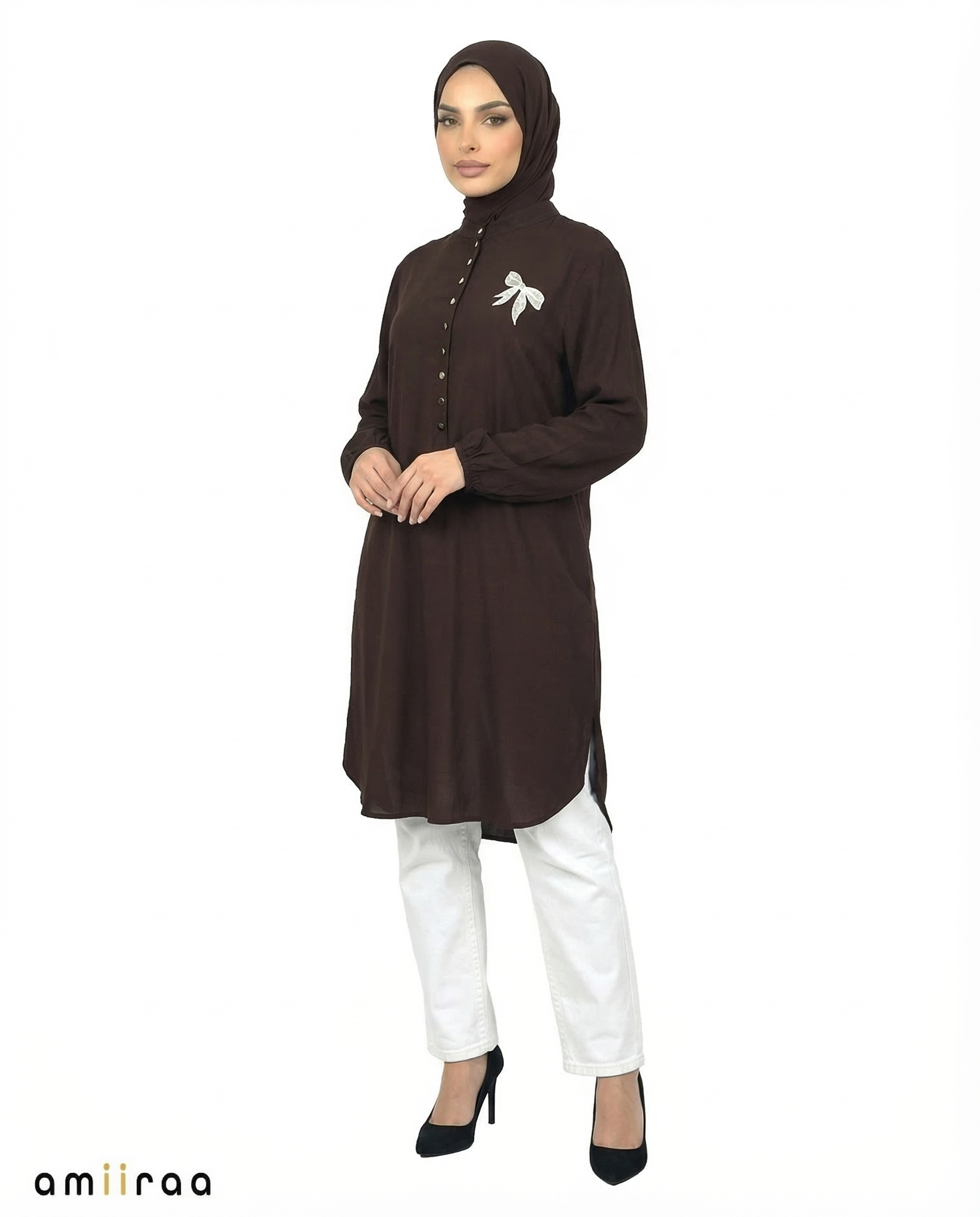 Black Bean Bow Embroided Modest Tunic Shirt
