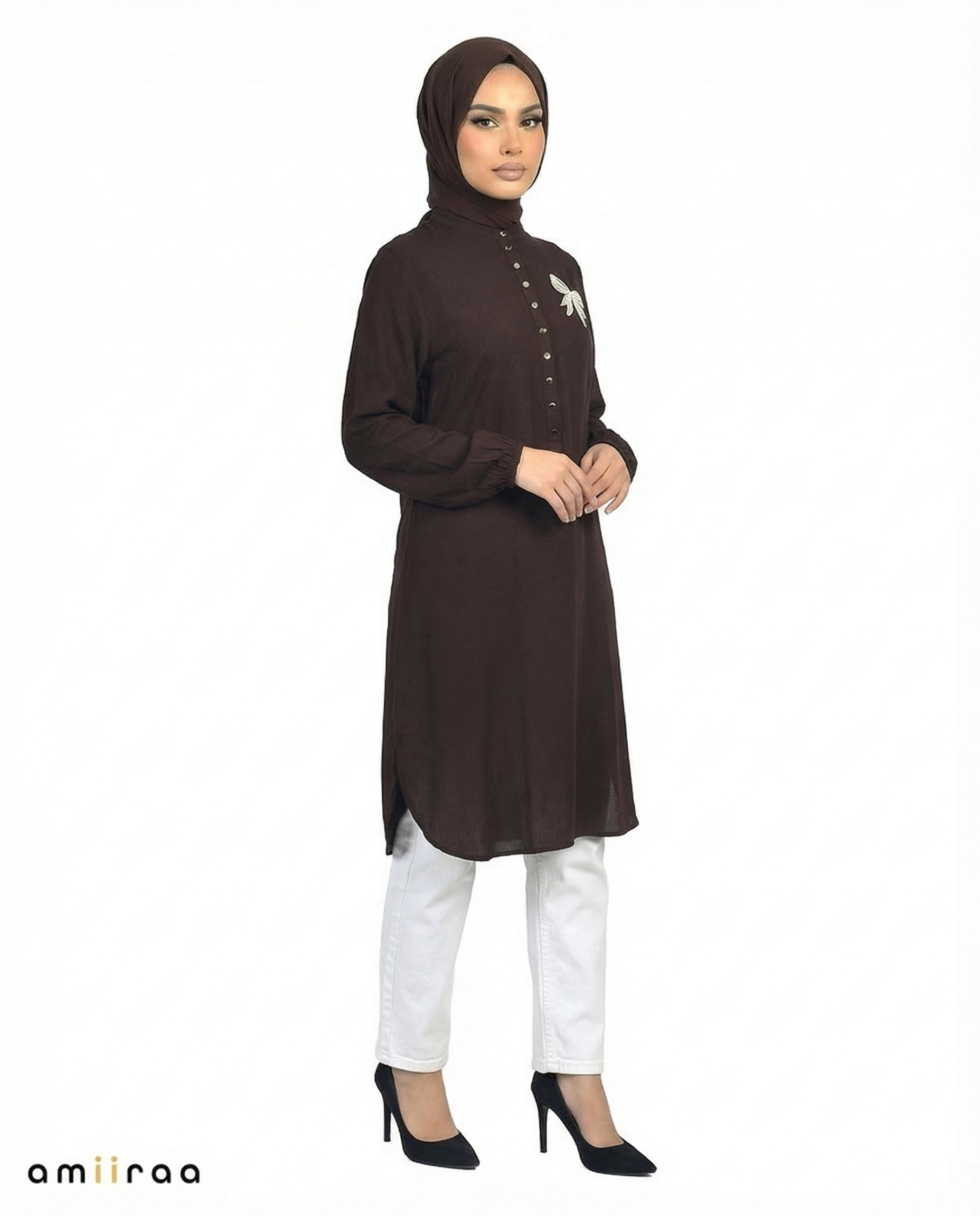 Black Bean Bow Embroided Modest Tunic Shirt