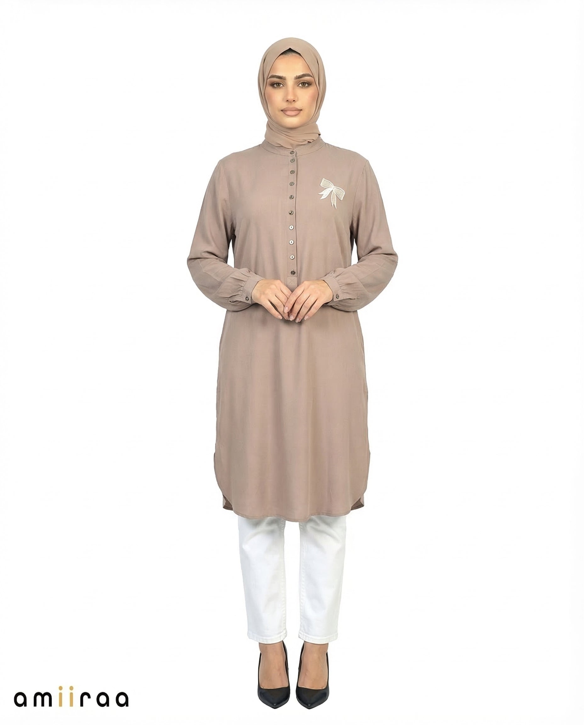 Driftwood Bow Embroided Modest Tunic Shirt