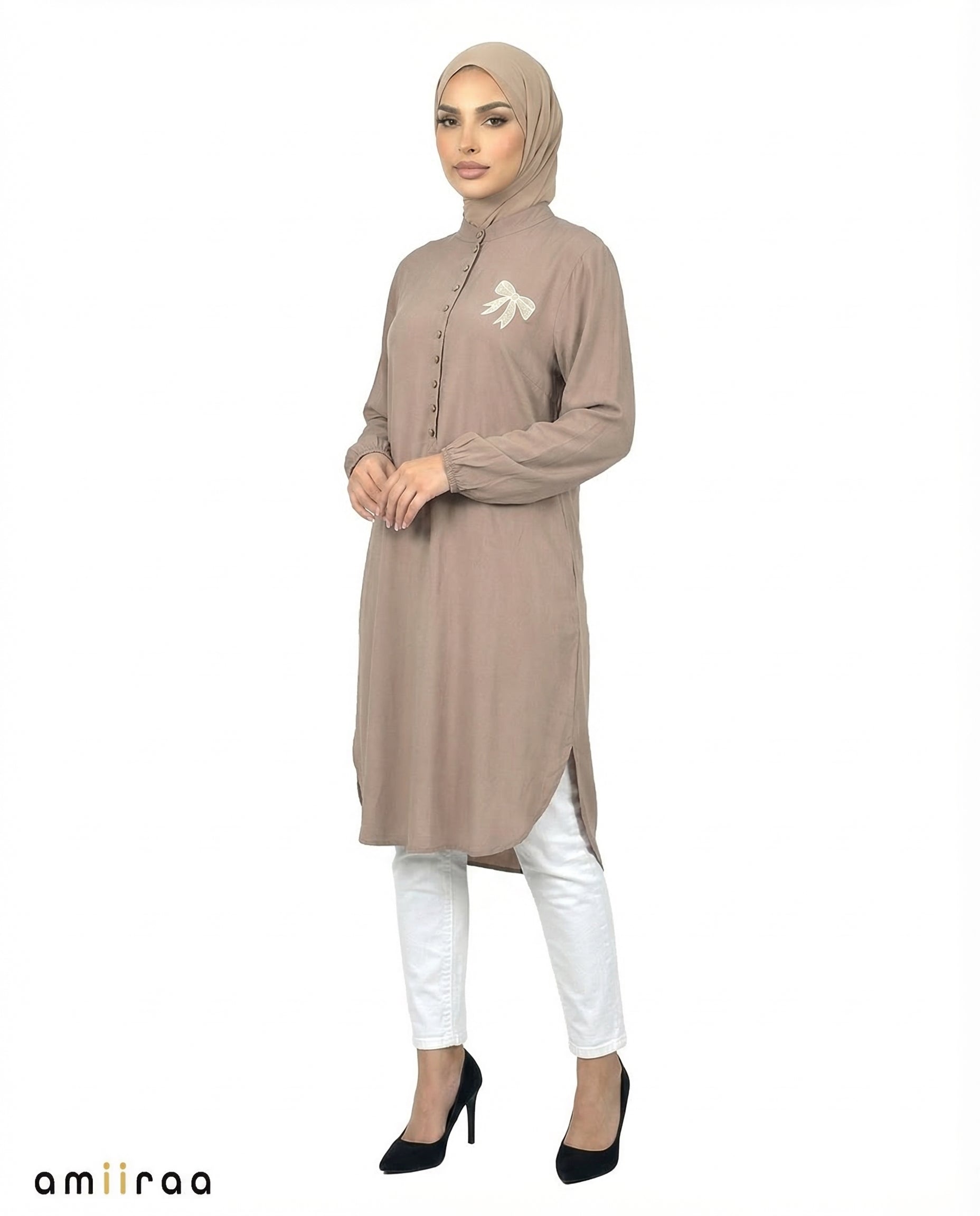 Driftwood Bow Embroided Modest Tunic Shirt
