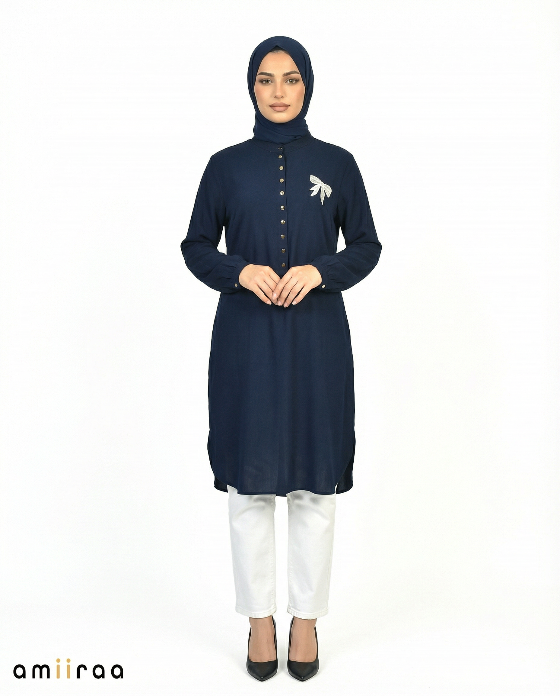 Pageant Blue Bow Embroided Modest Tunic Shirt