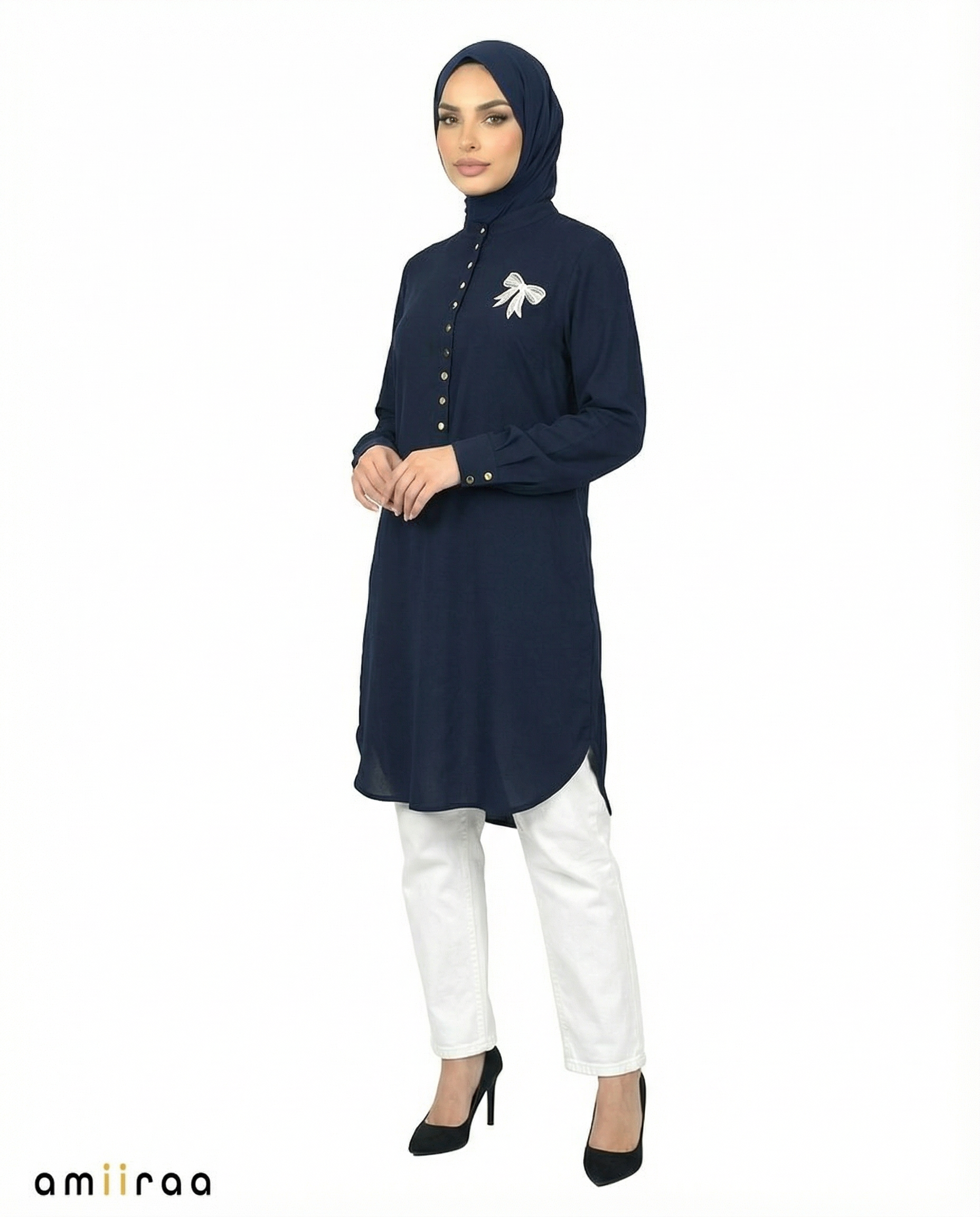 Pageant Blue Bow Embroided Modest Tunic Shirt