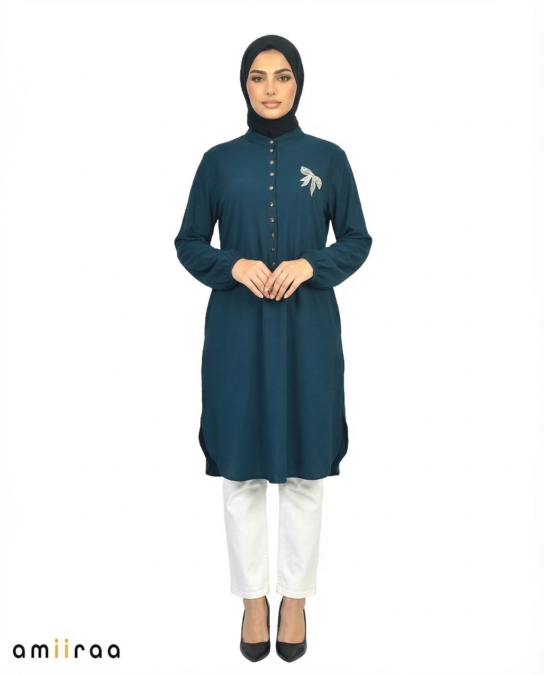 Reflecting Pond Bow Embroided Modest Tunic Shirt