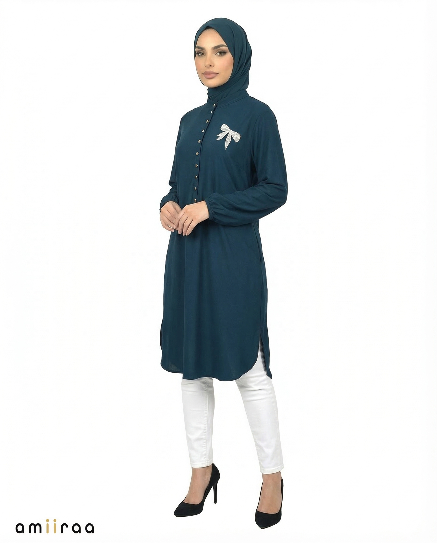 Reflecting Pond Bow Embroided Modest Tunic Shirt