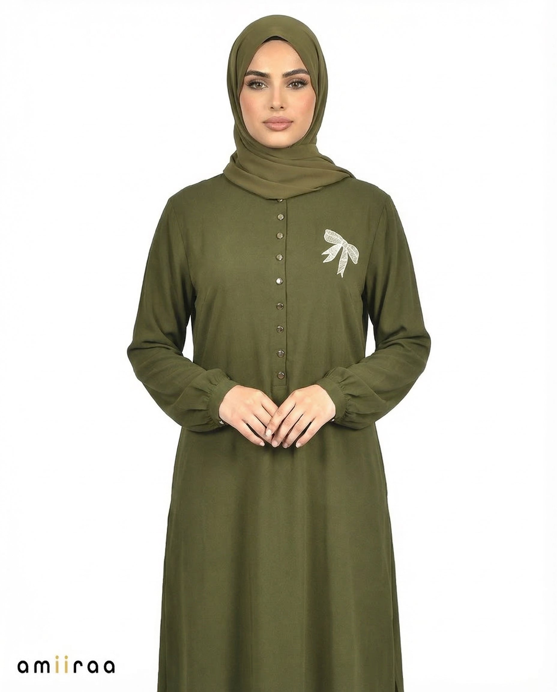 Rifle Green Bow Embroided Modest Tunic Shirt