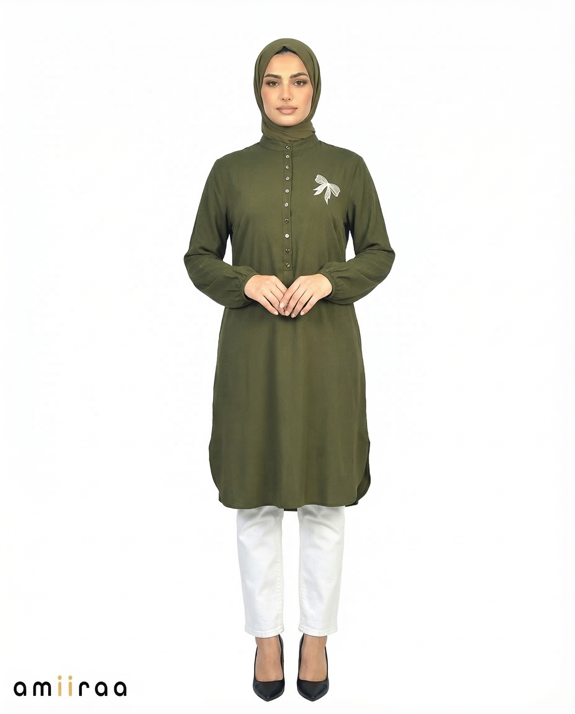 Rifle Green Bow Embroided Modest Tunic Shirt