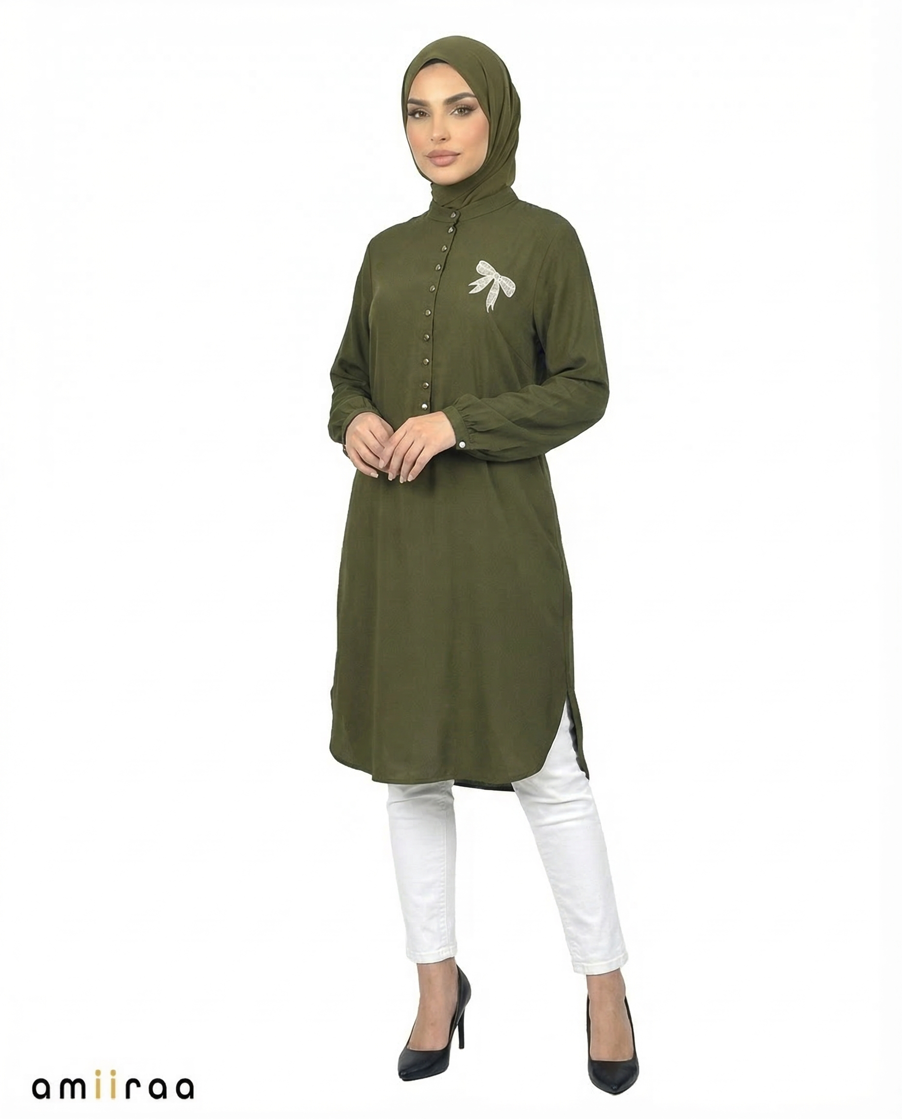 Rifle Green Bow Embroided Modest Tunic Shirt