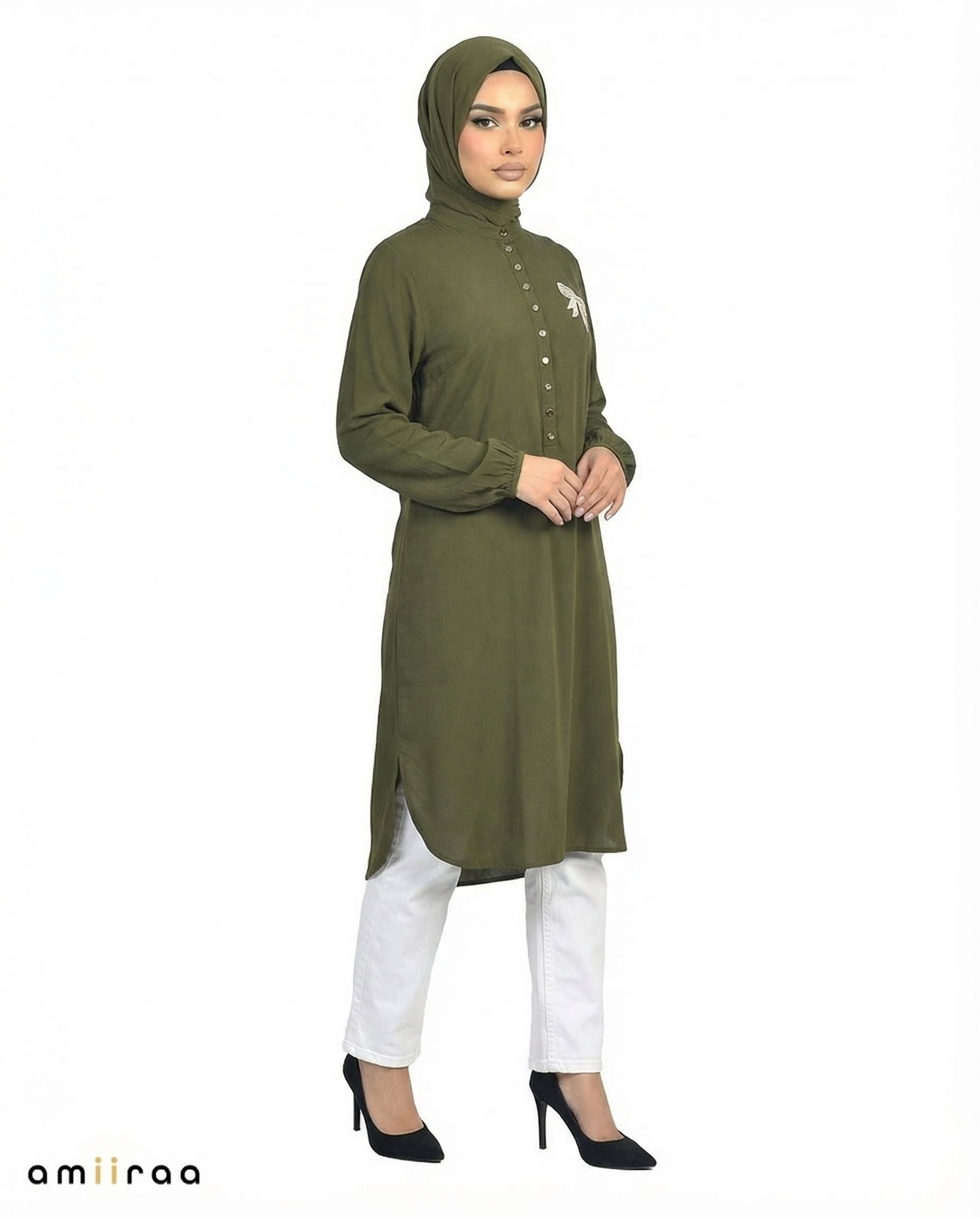 Rifle Green Bow Embroided Modest Tunic Shirt