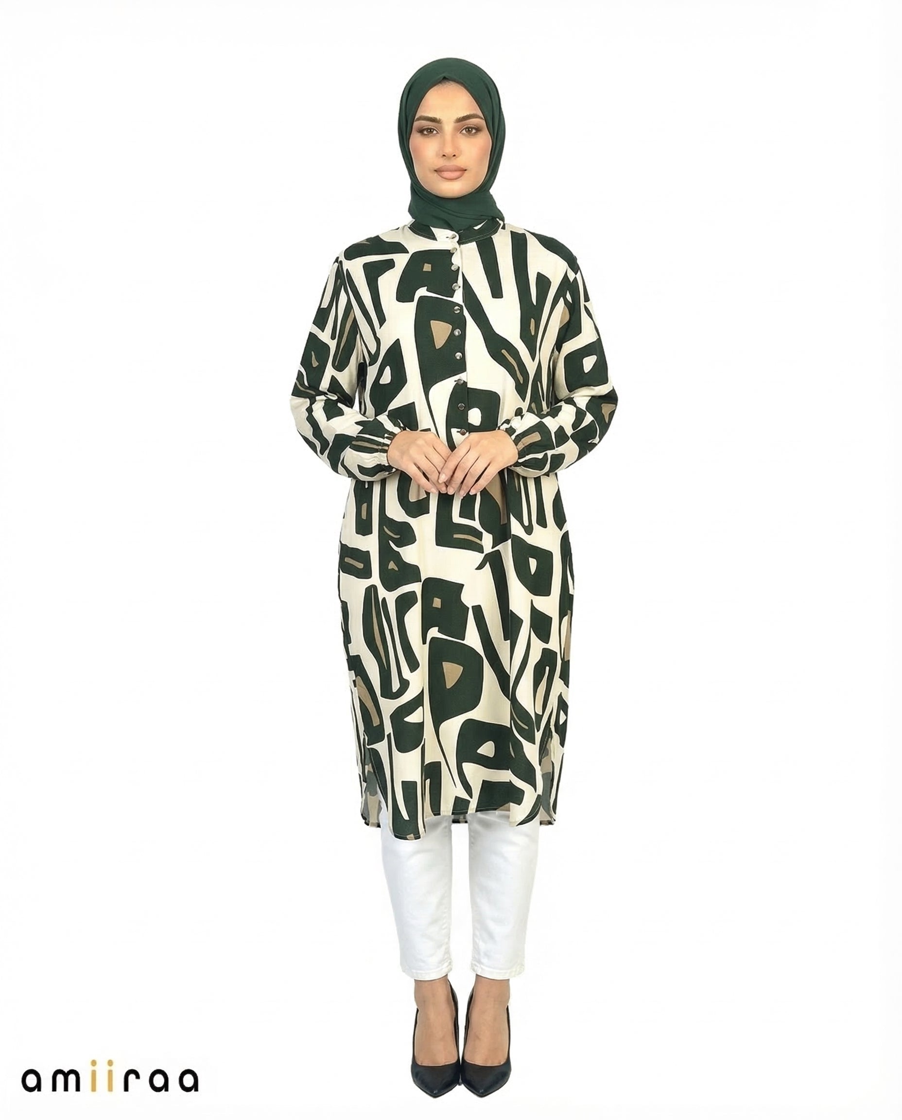 Pine Grove Abstract Print Modest Longline Tunic Shirt