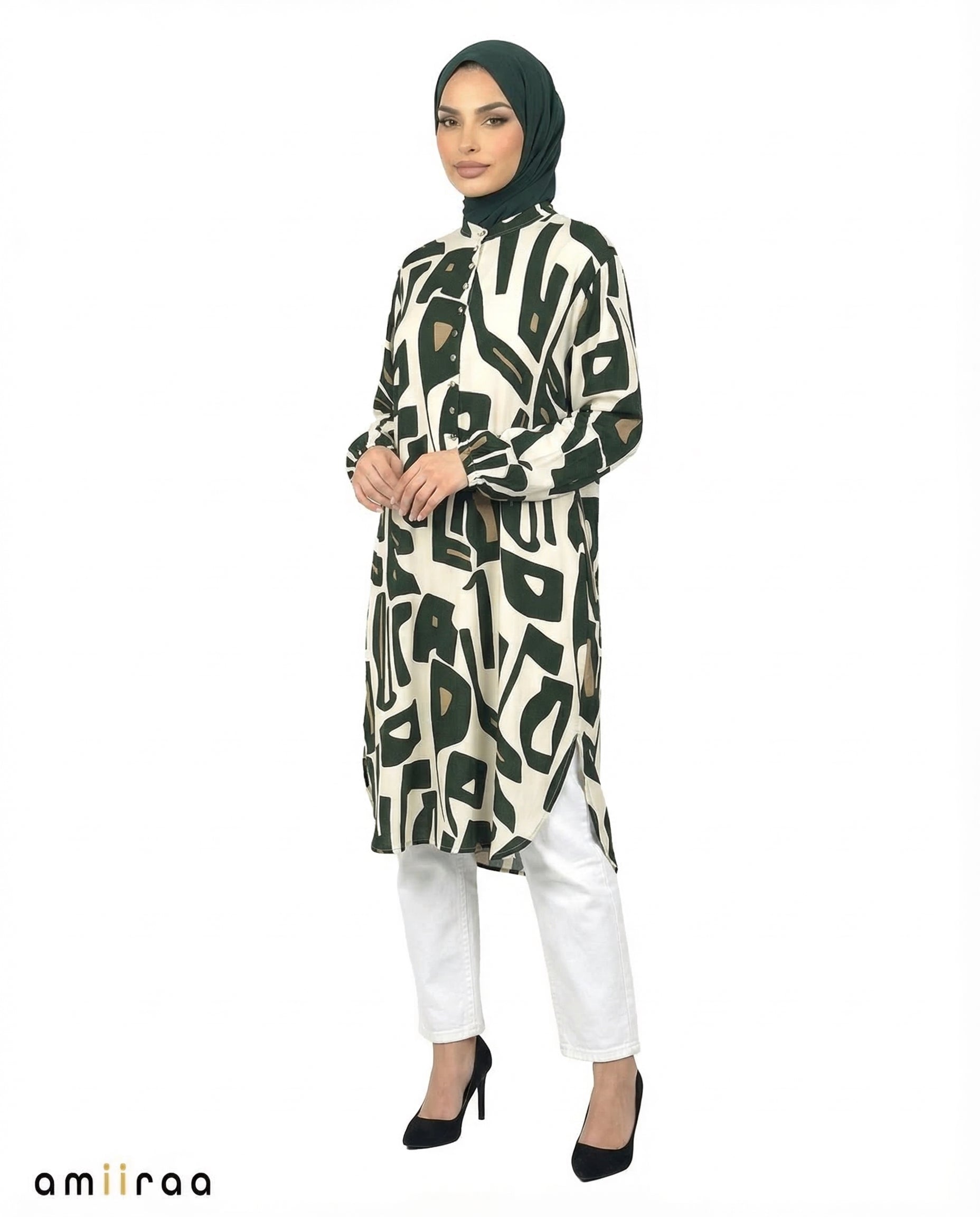 Pine Grove Abstract Print Modest Longline Tunic Shirt