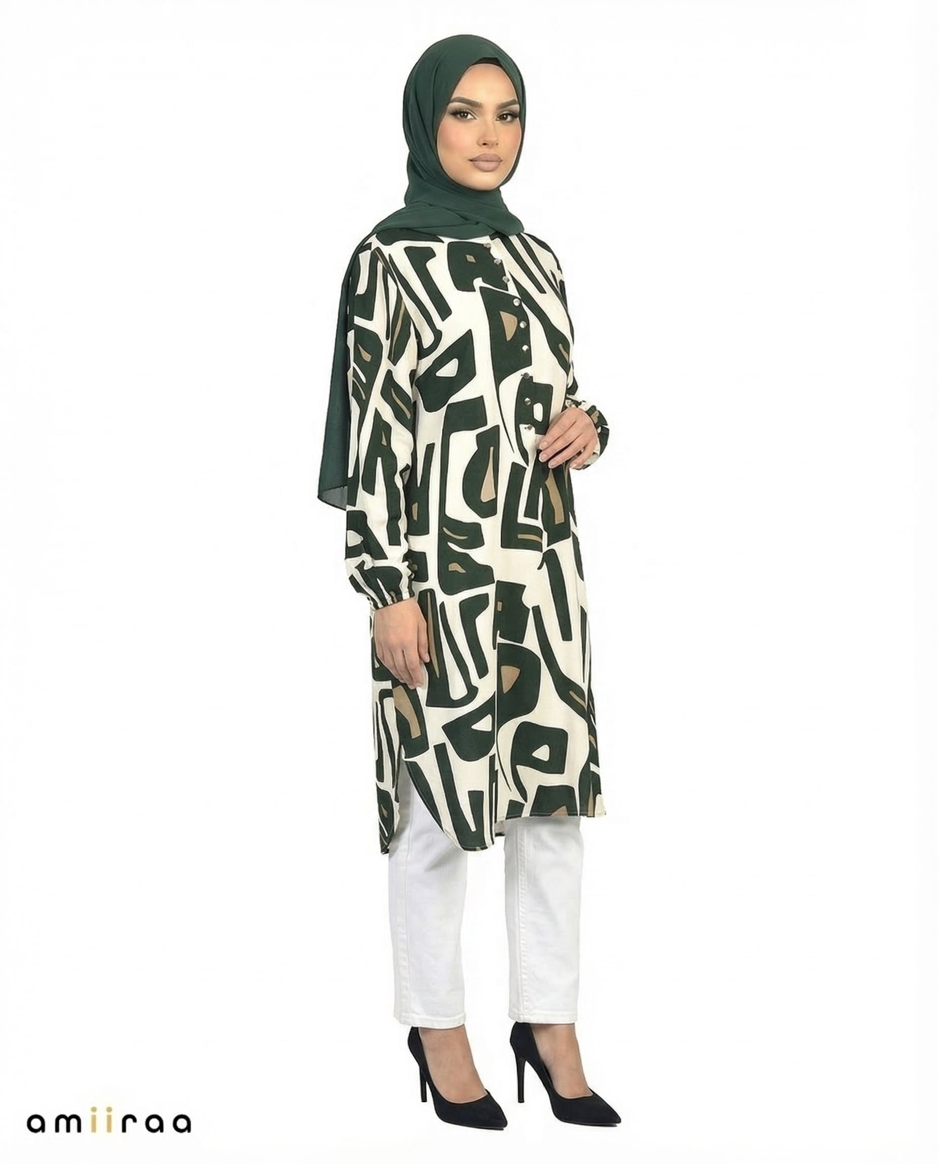 Pine Grove Abstract Print Modest Longline Tunic Shirt