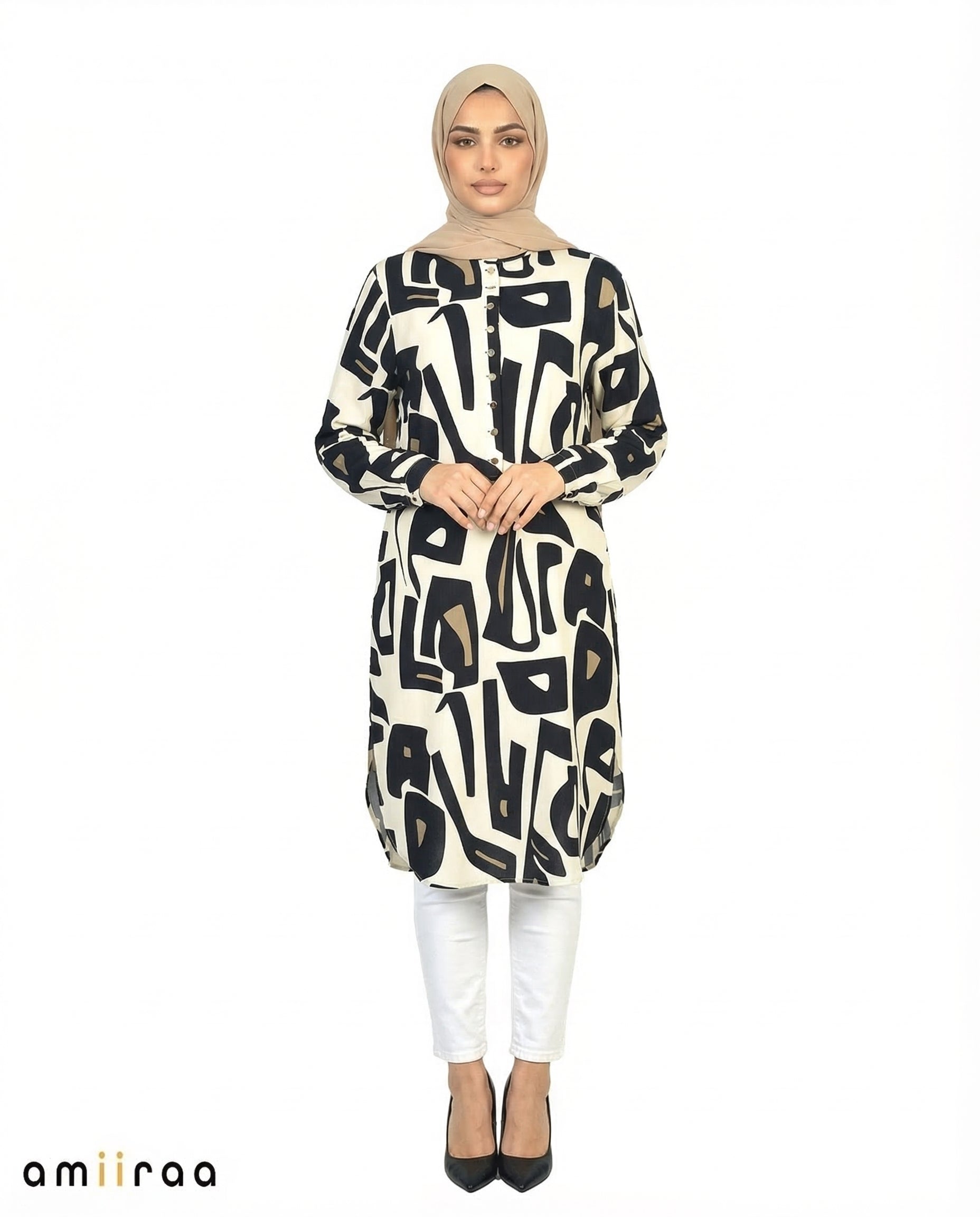 Sky Captain Abstract Print Modest Longline Tunic Shirt