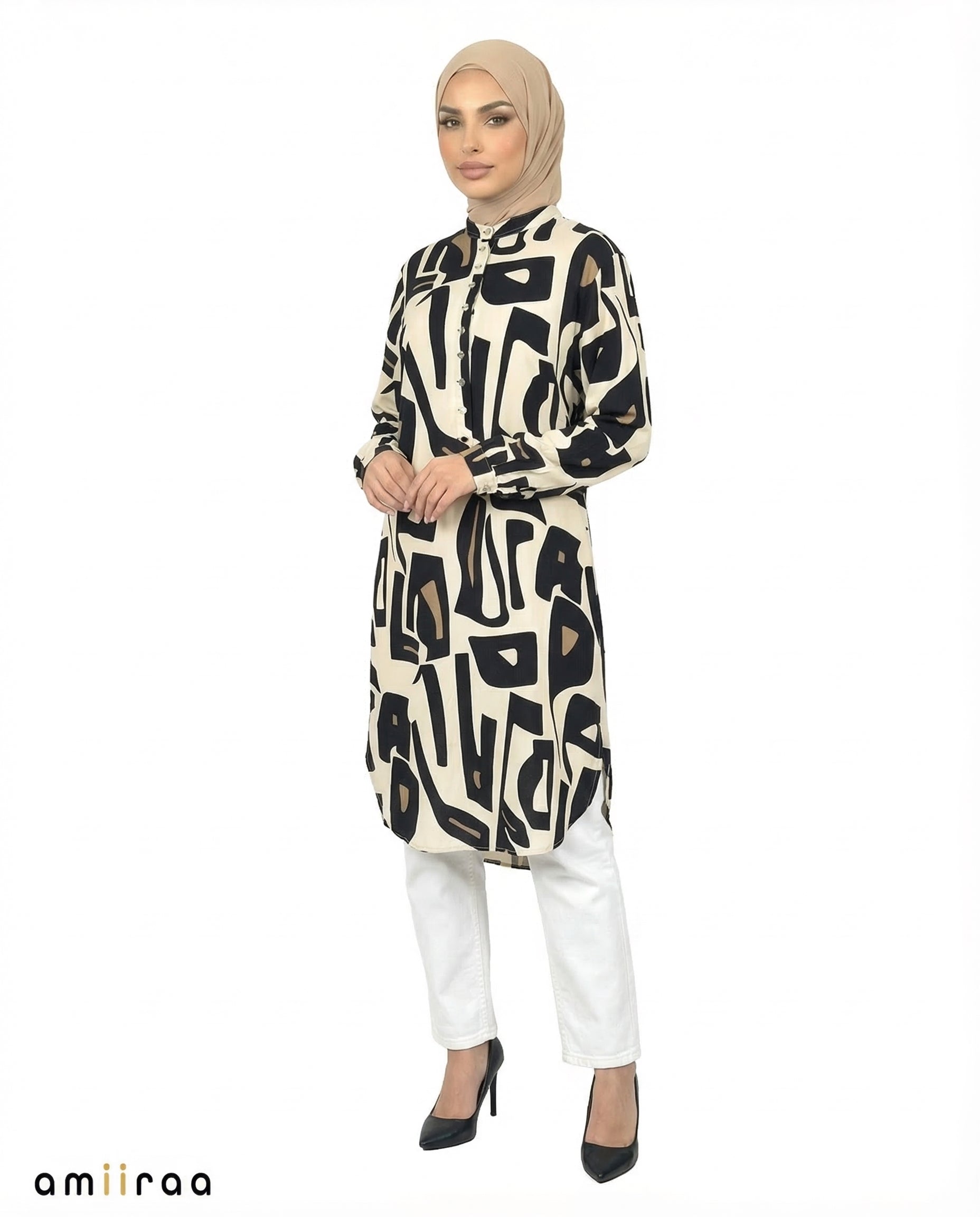 Sky Captain Abstract Print Modest Longline Tunic Shirt