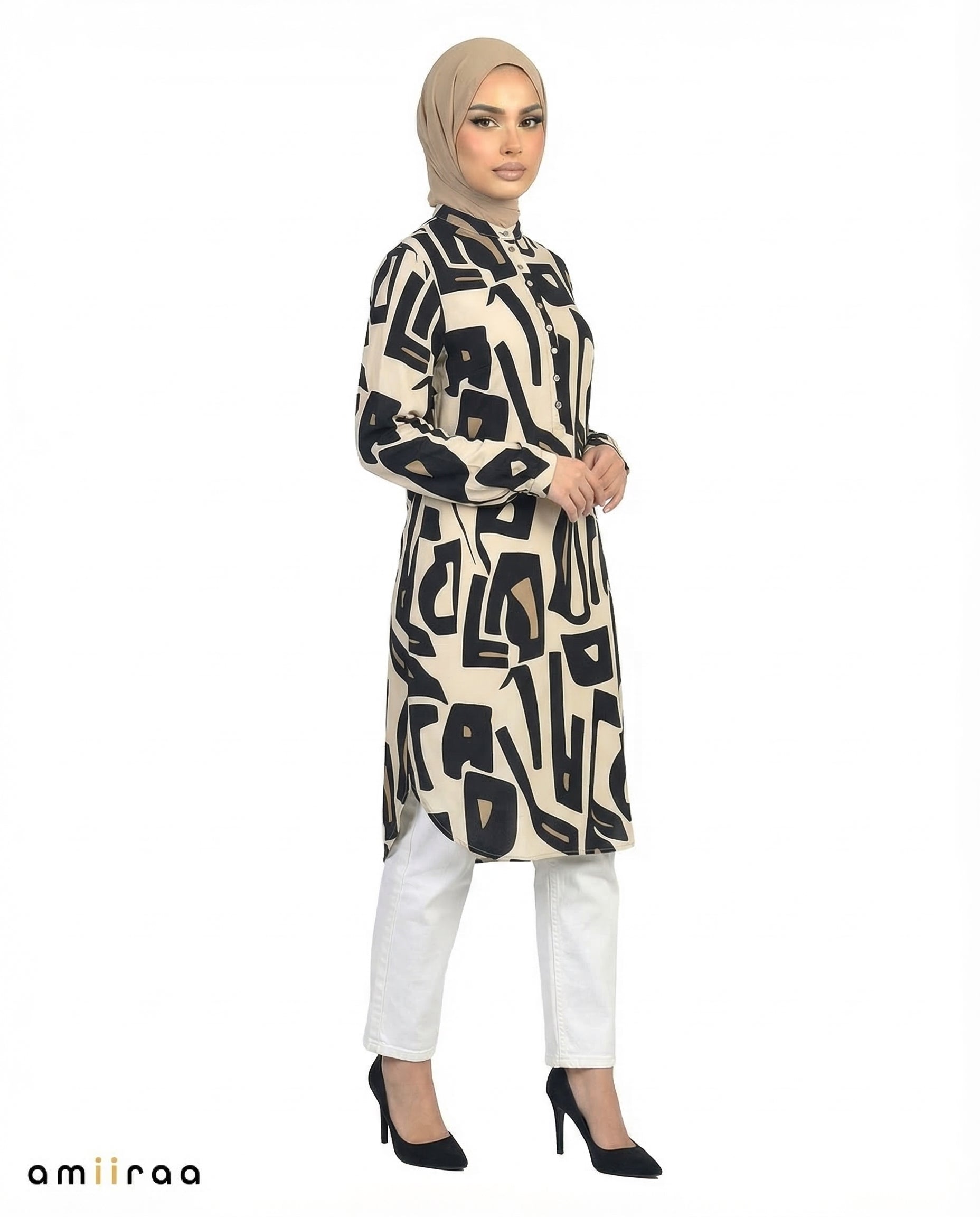 Sky Captain Abstract Print Modest Longline Tunic Shirt
