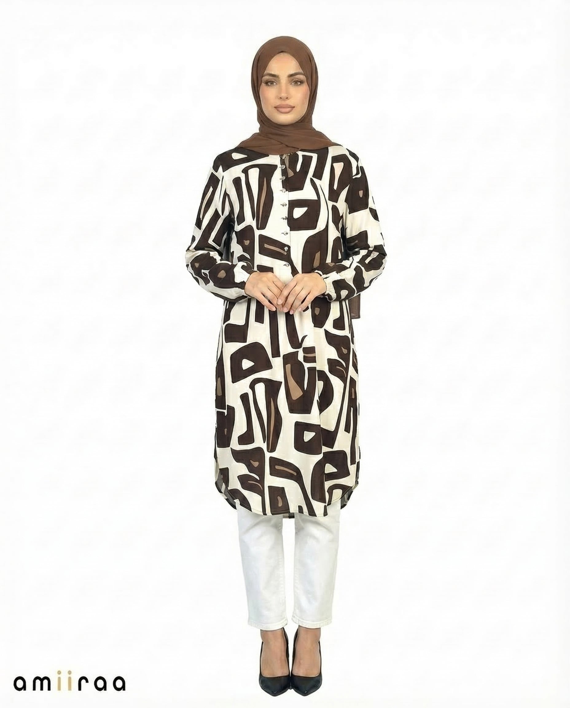 Espresso Abstract Print Modest Longline Tunic Shirt