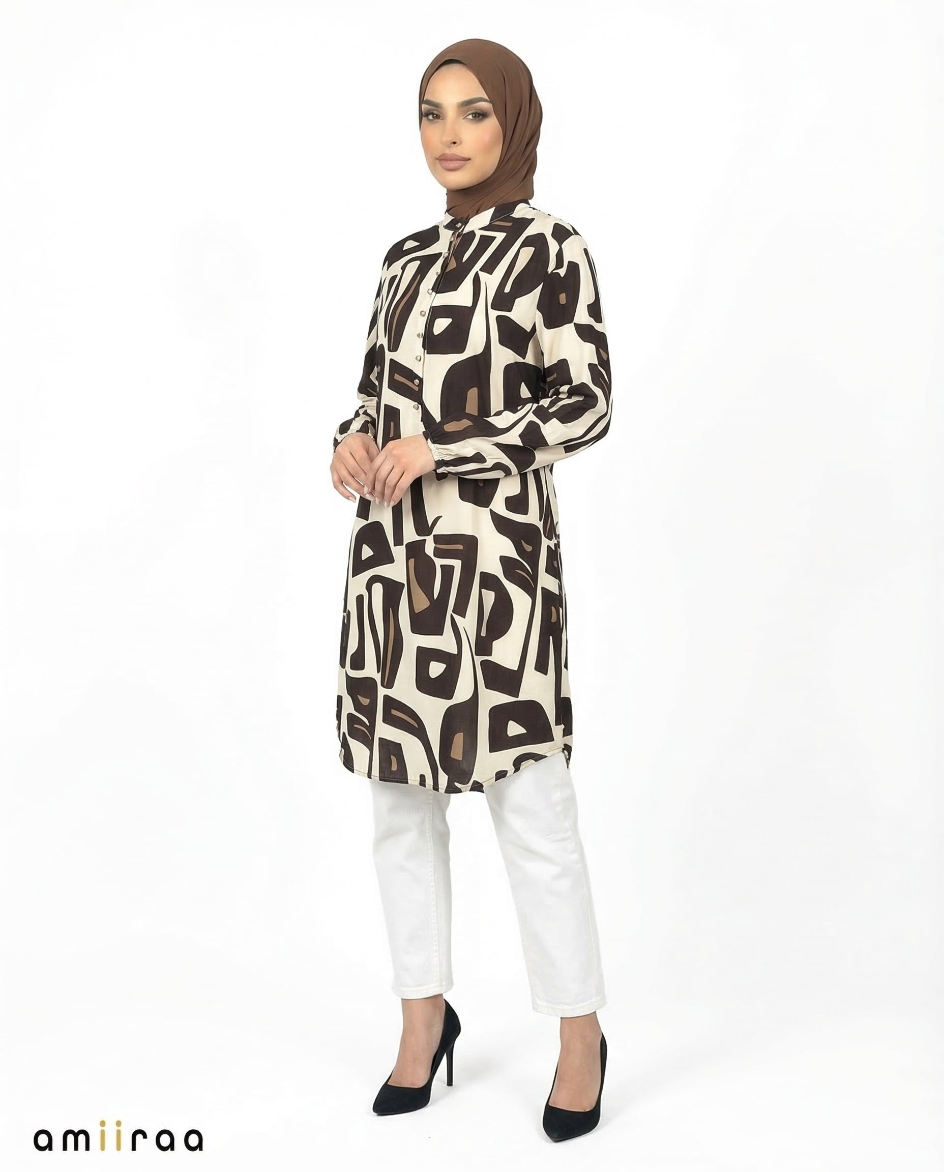 Espresso Abstract Print Modest Longline Tunic Shirt