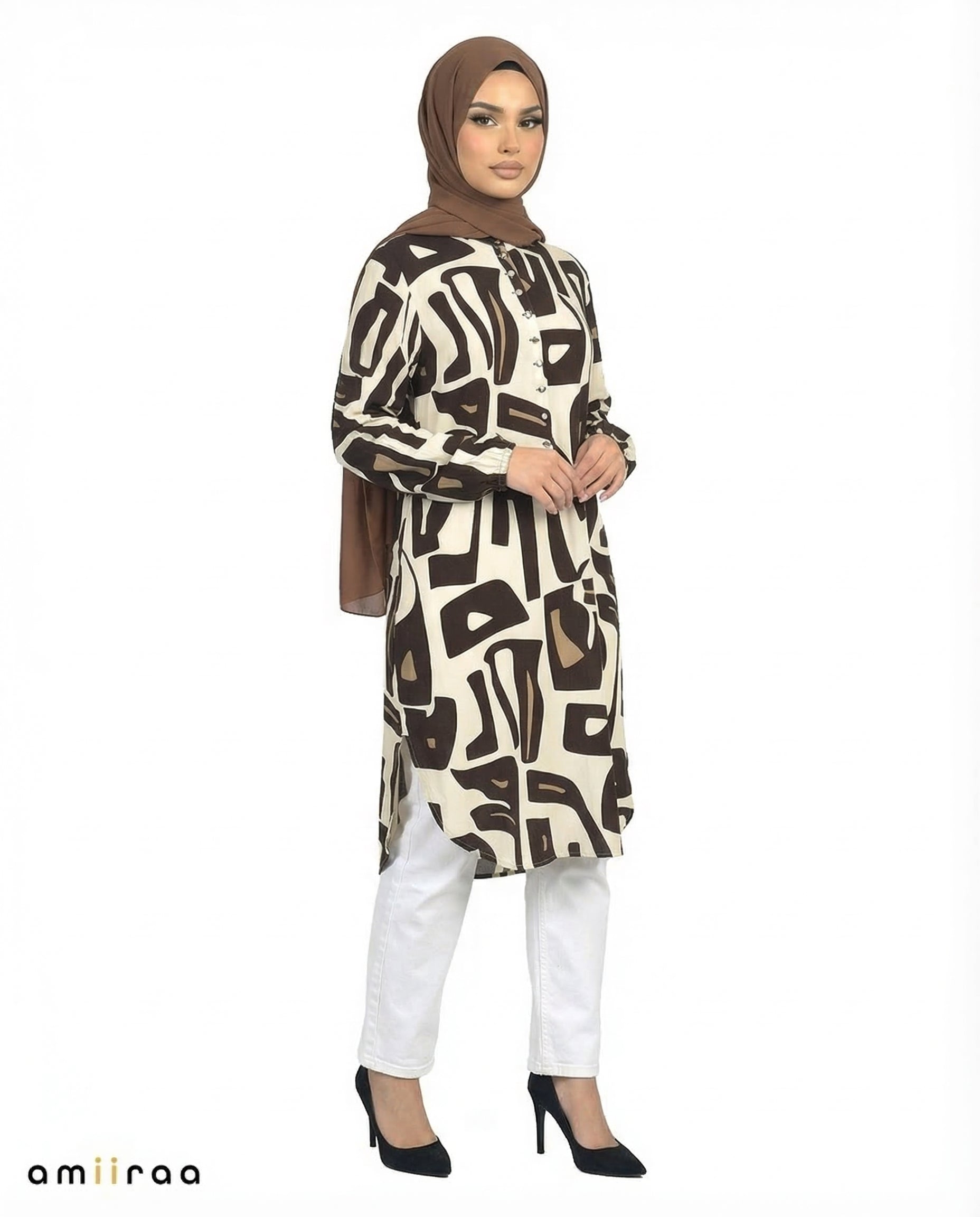 Espresso Abstract Print Modest Longline Tunic Shirt