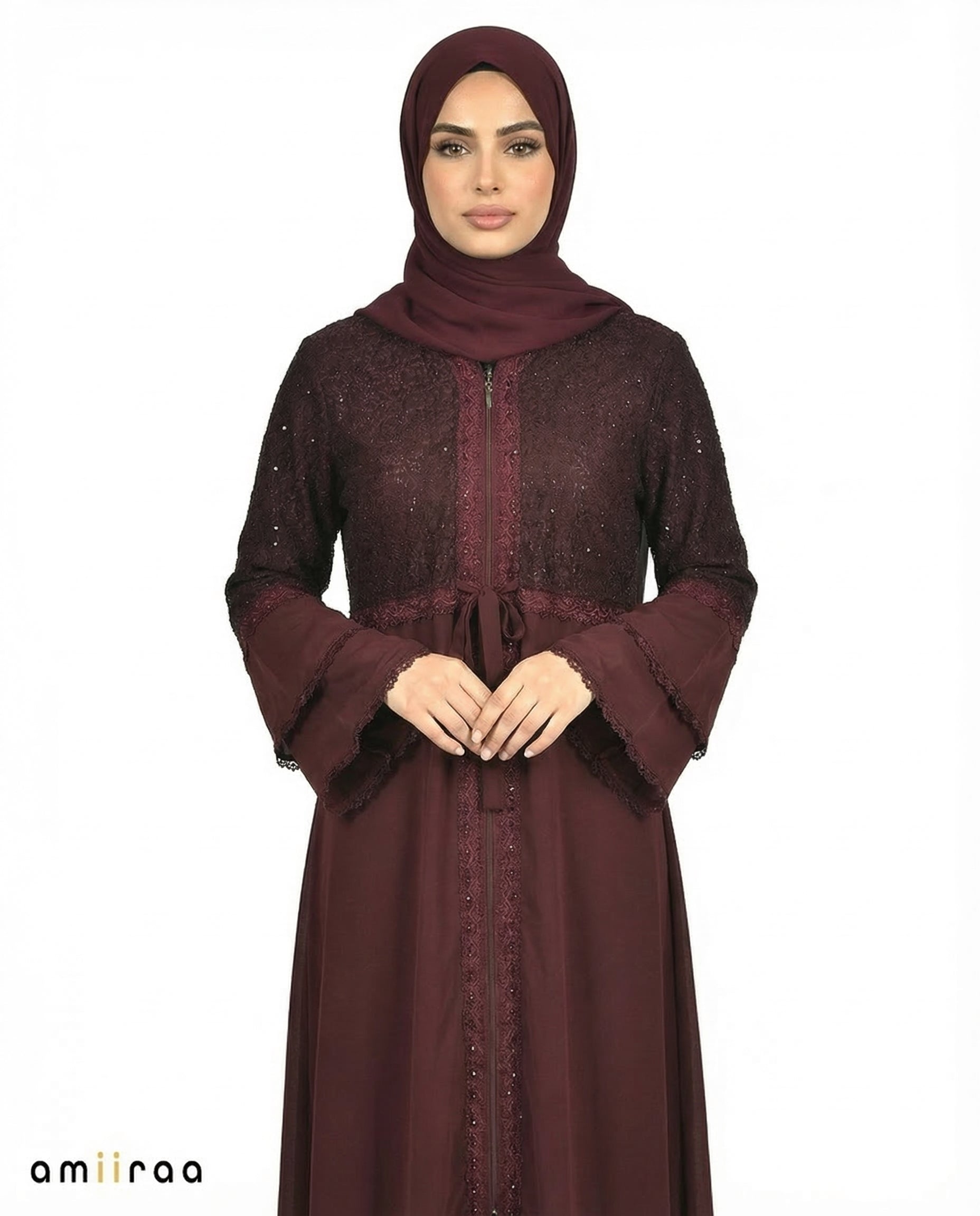 Winetasting Elegant Embellished Lace Bodice Full Length Abaya