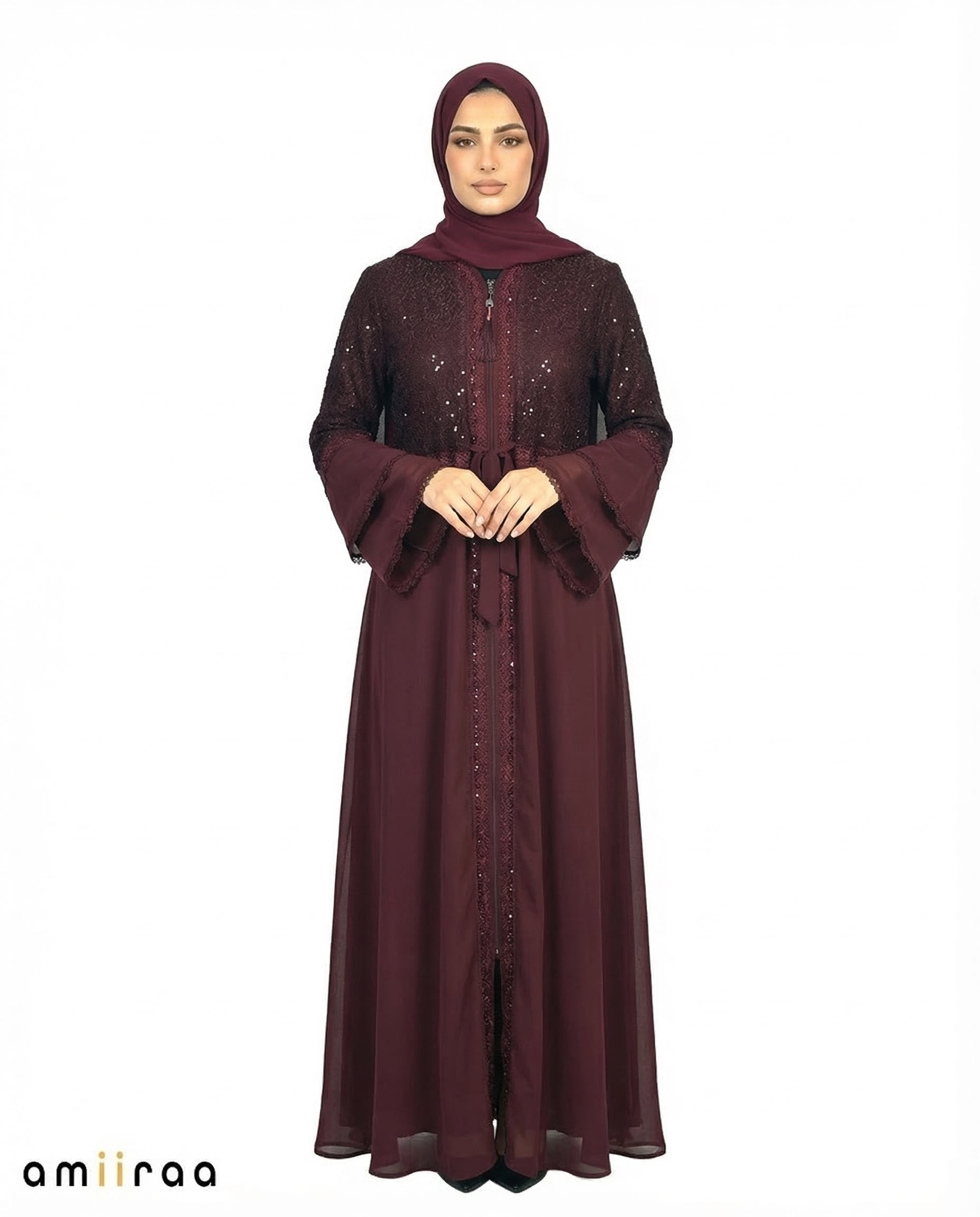 Winetasting Elegant Embellished Lace Bodice Full Length Abaya