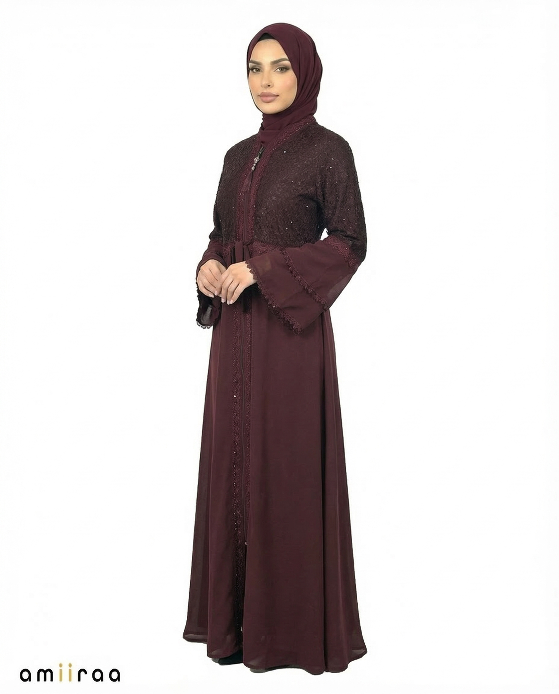 Winetasting Elegant Embellished Lace Bodice Full Length Abaya