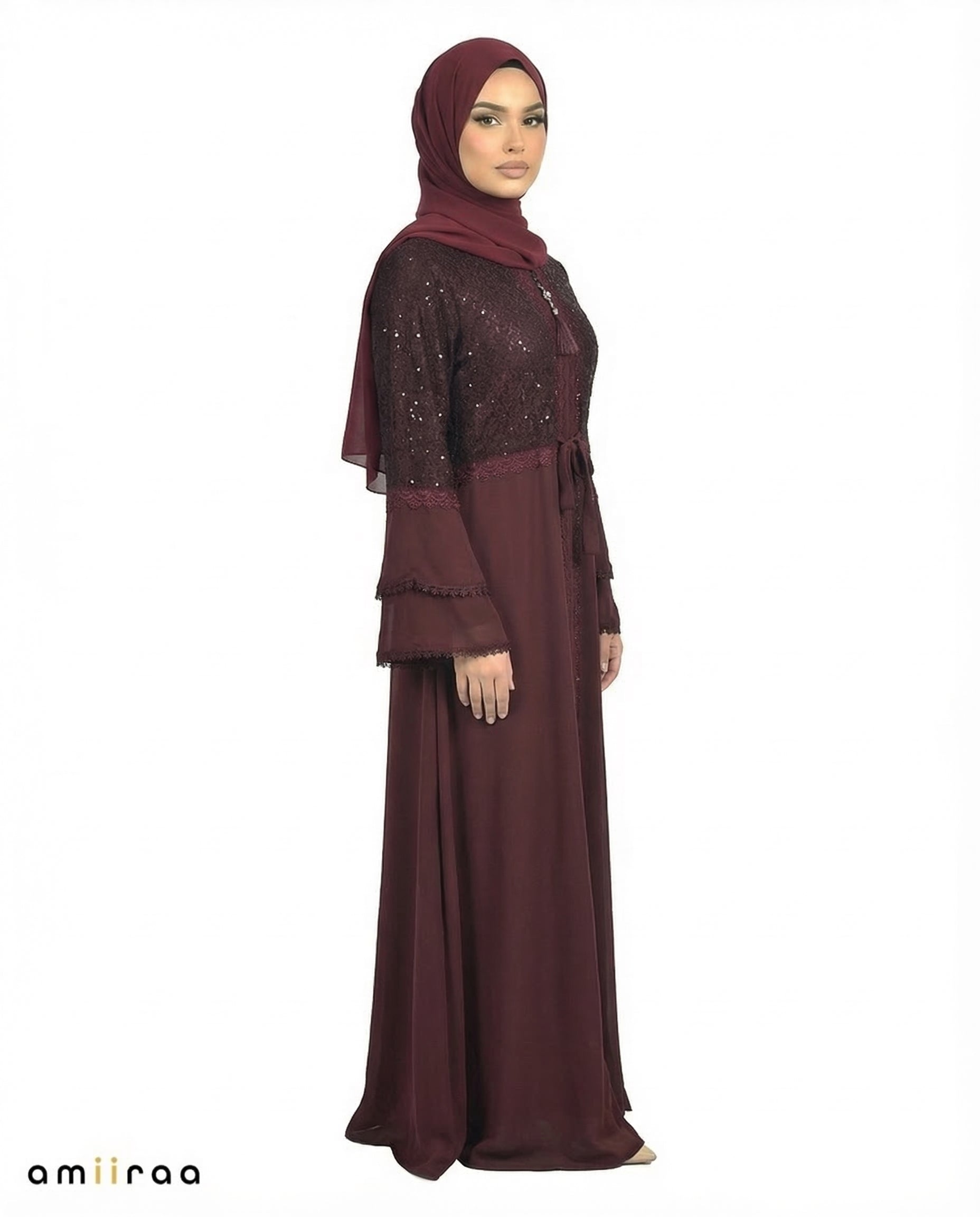 Winetasting Elegant Embellished Lace Bodice Full Length Abaya