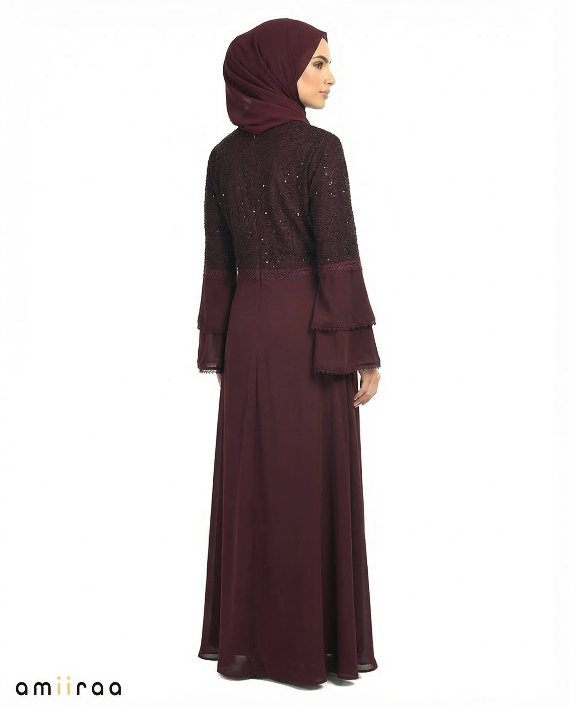 Winetasting Elegant Embellished Lace Bodice Full Length Abaya