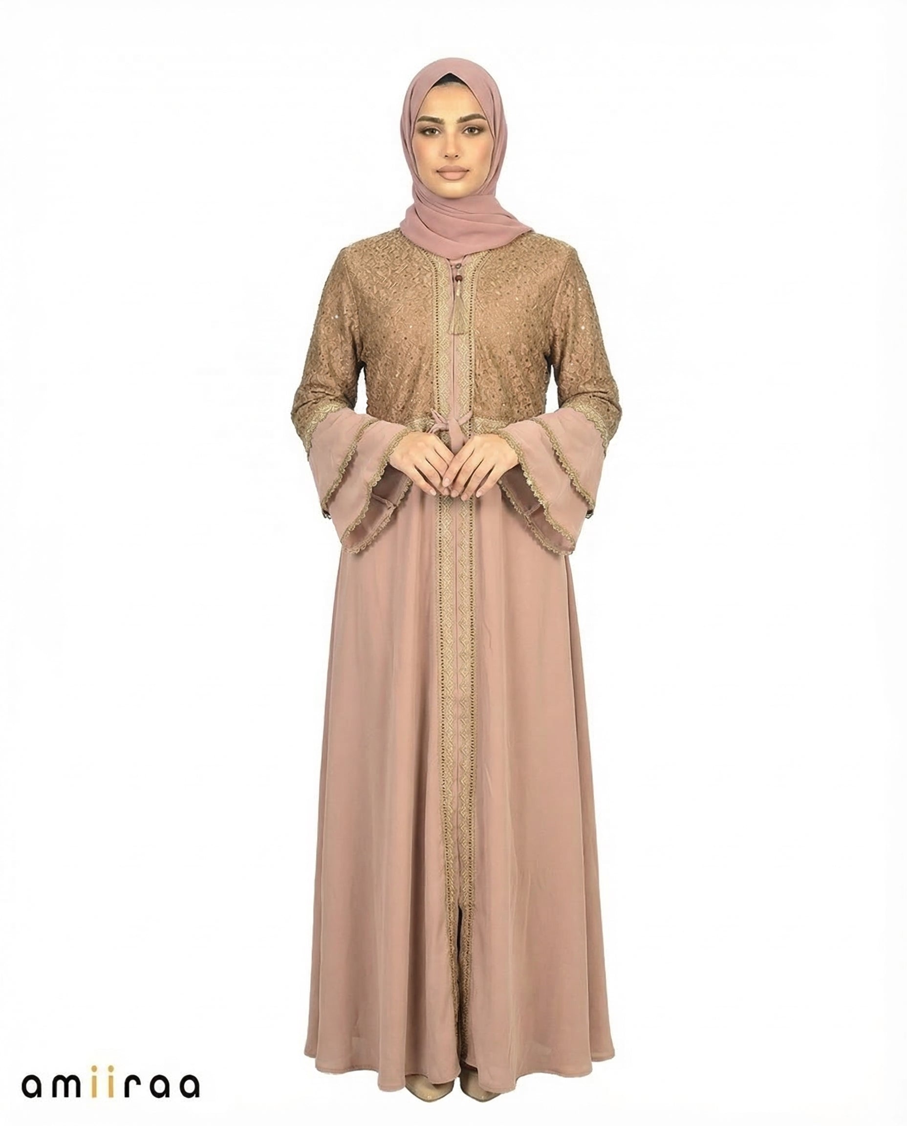 Malt Ball Elegant Embellished Lace Bodice Full Length Abaya