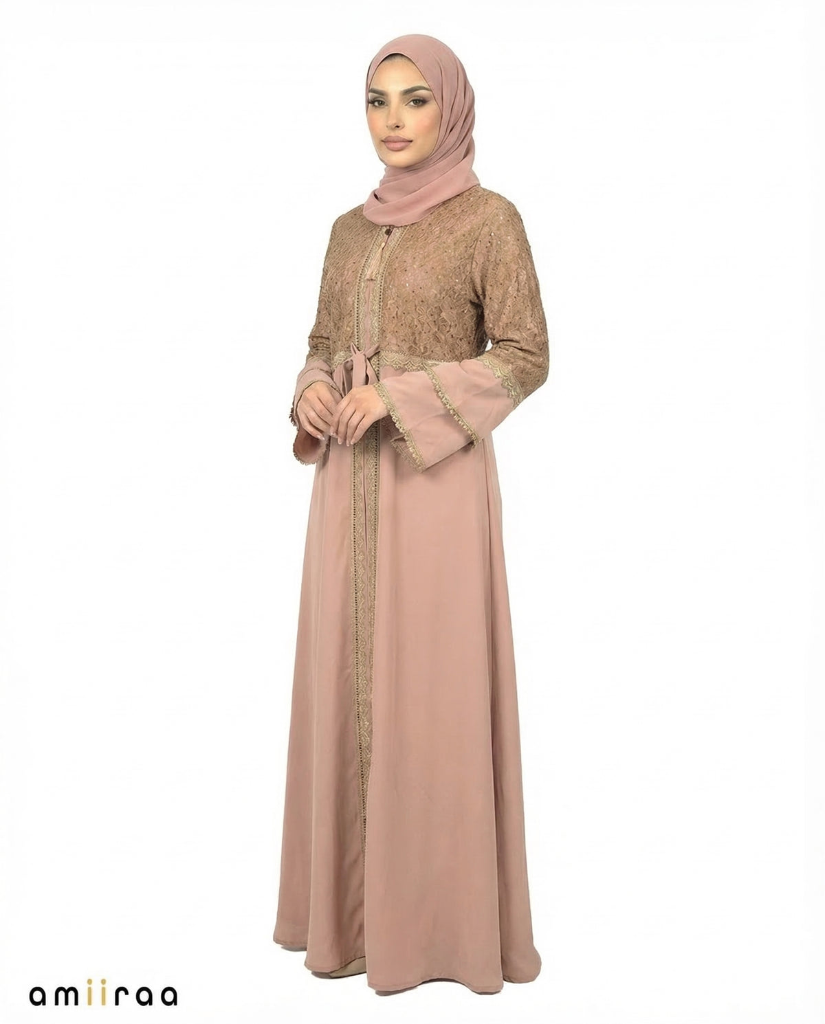 Malt Ball Elegant Embellished Lace Bodice Full Length Abaya
