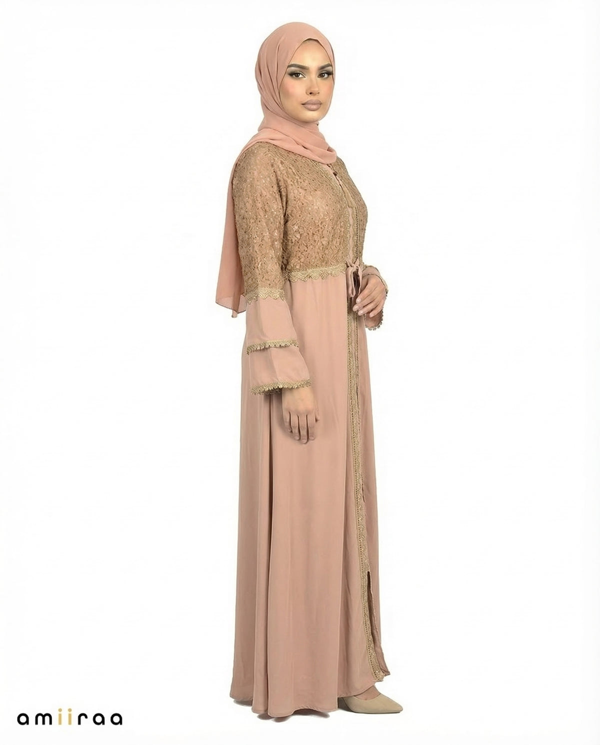 Malt Ball Elegant Embellished Lace Bodice Full Length Abaya