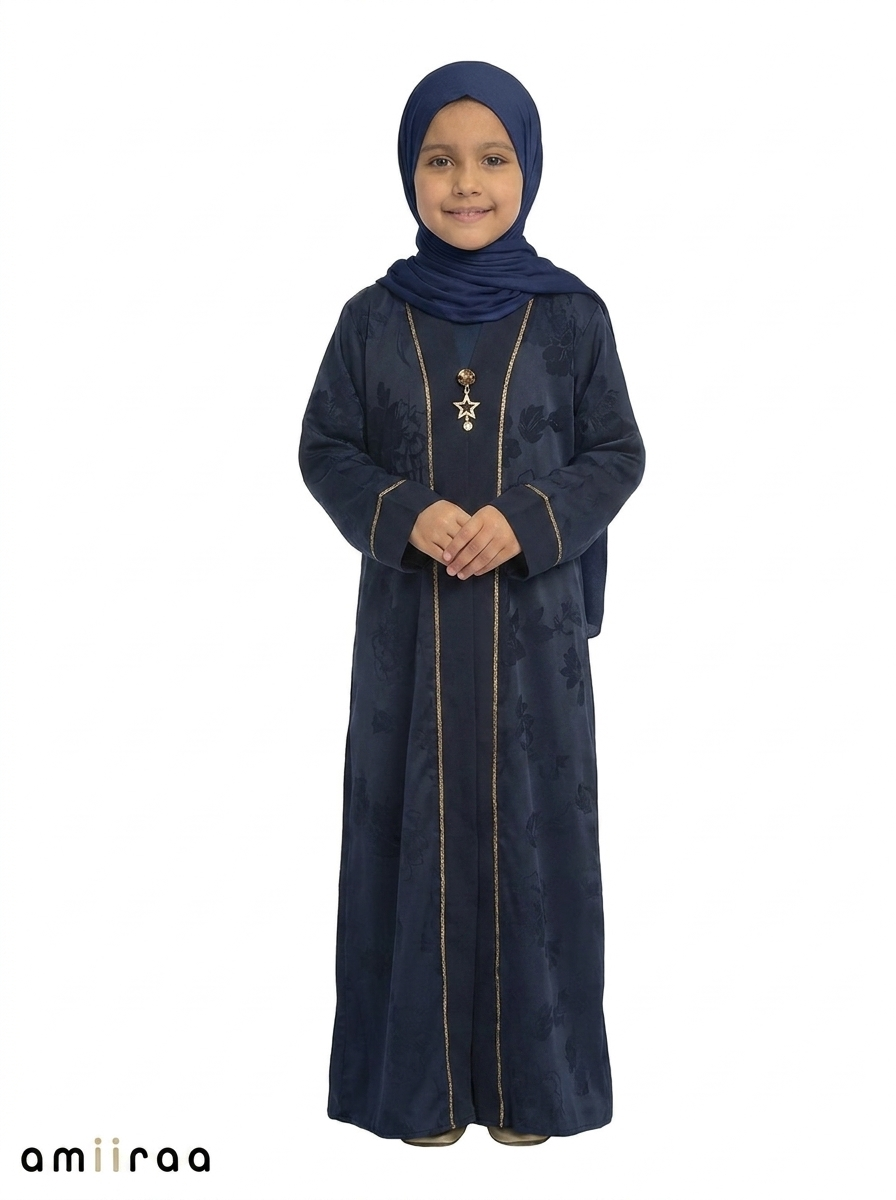 Black Iris Girls Saudi Abaya with Subtle Floral Detailing