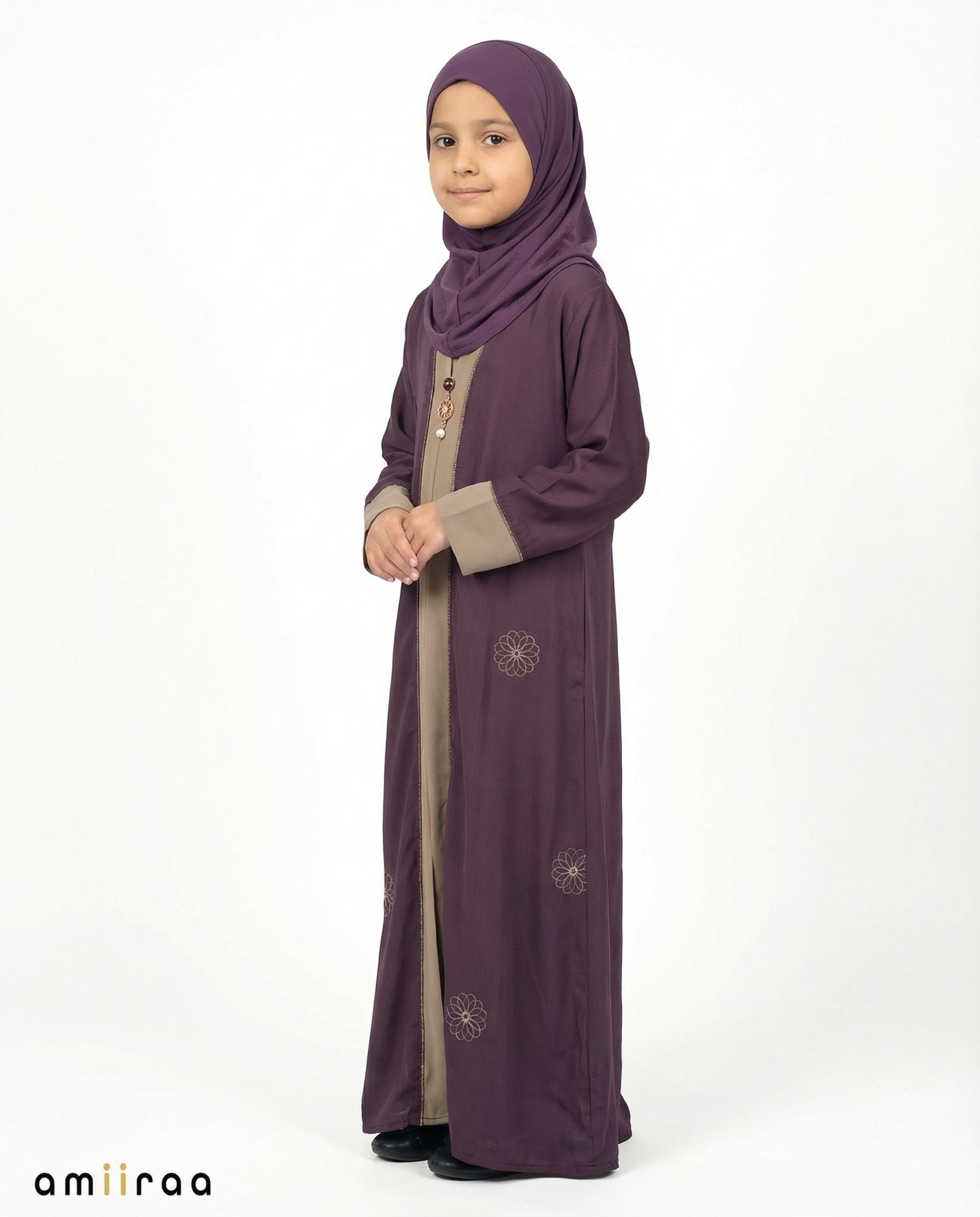 Coriander Girls Floral Embroidered Open Abaya with Inner Dress