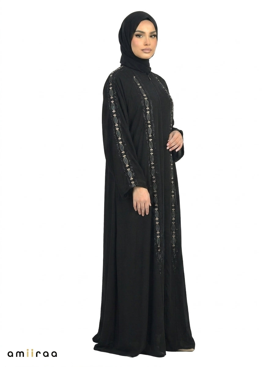 Feldspar Embroidered Sleeve Abaya with Front Zip Closure