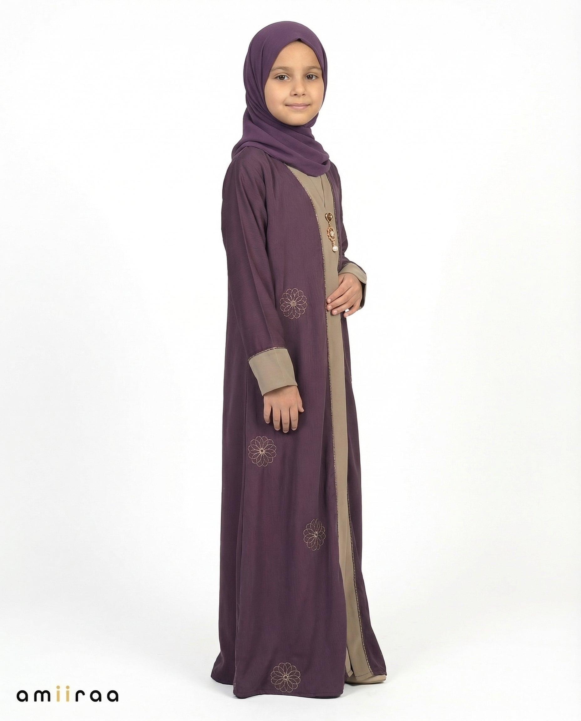 Coriander Girls Floral Embroidered Open Abaya with Inner Dress