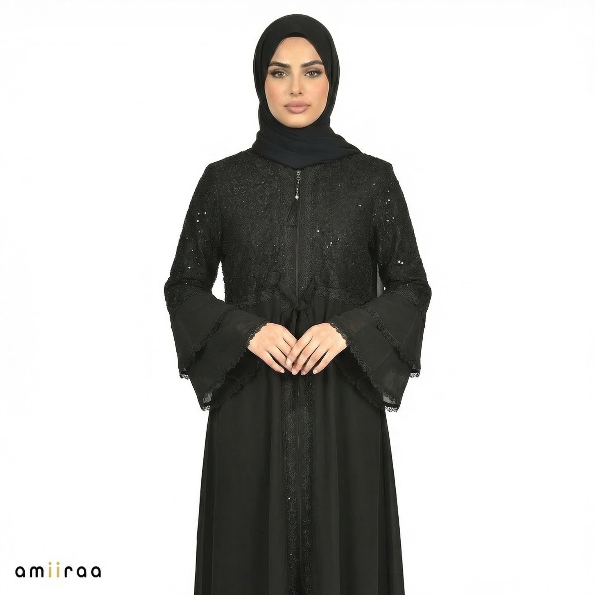 Tap Shoe Elegant Embellished Lace Bodice Full Length Abaya