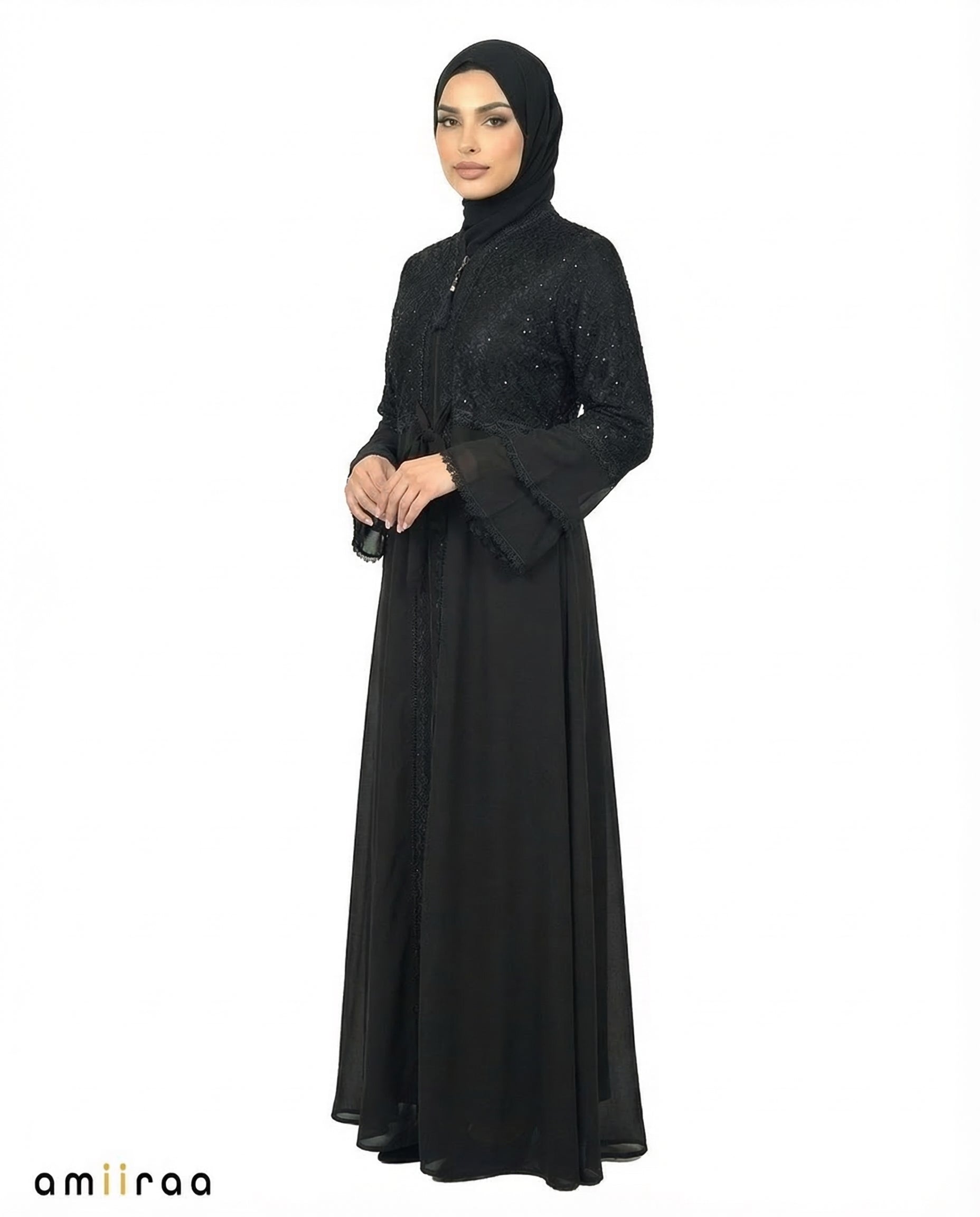 Tap Shoe Elegant Embellished Lace Bodice Full Length Abaya