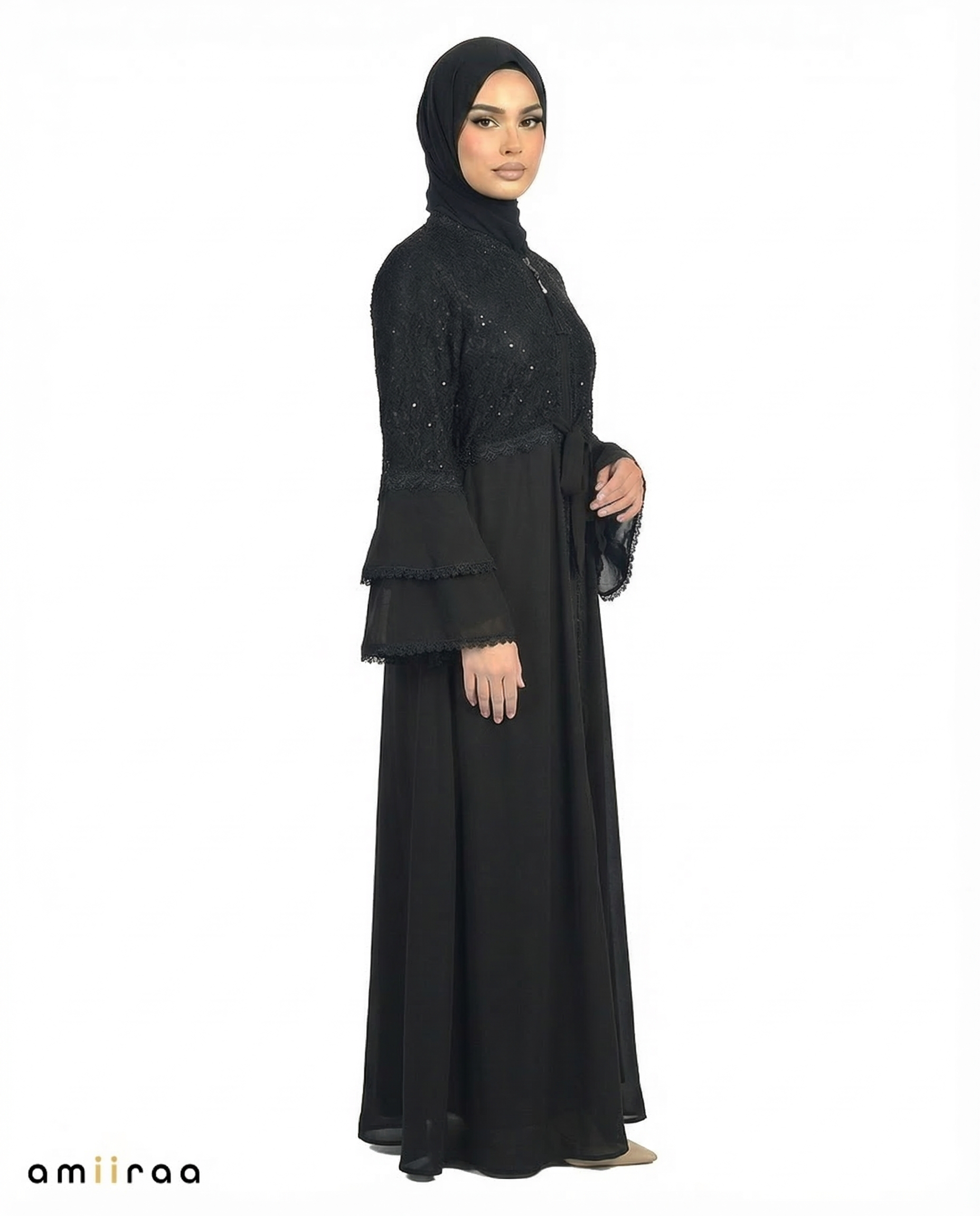 Tap Shoe Elegant Embellished Lace Bodice Full Length Abaya