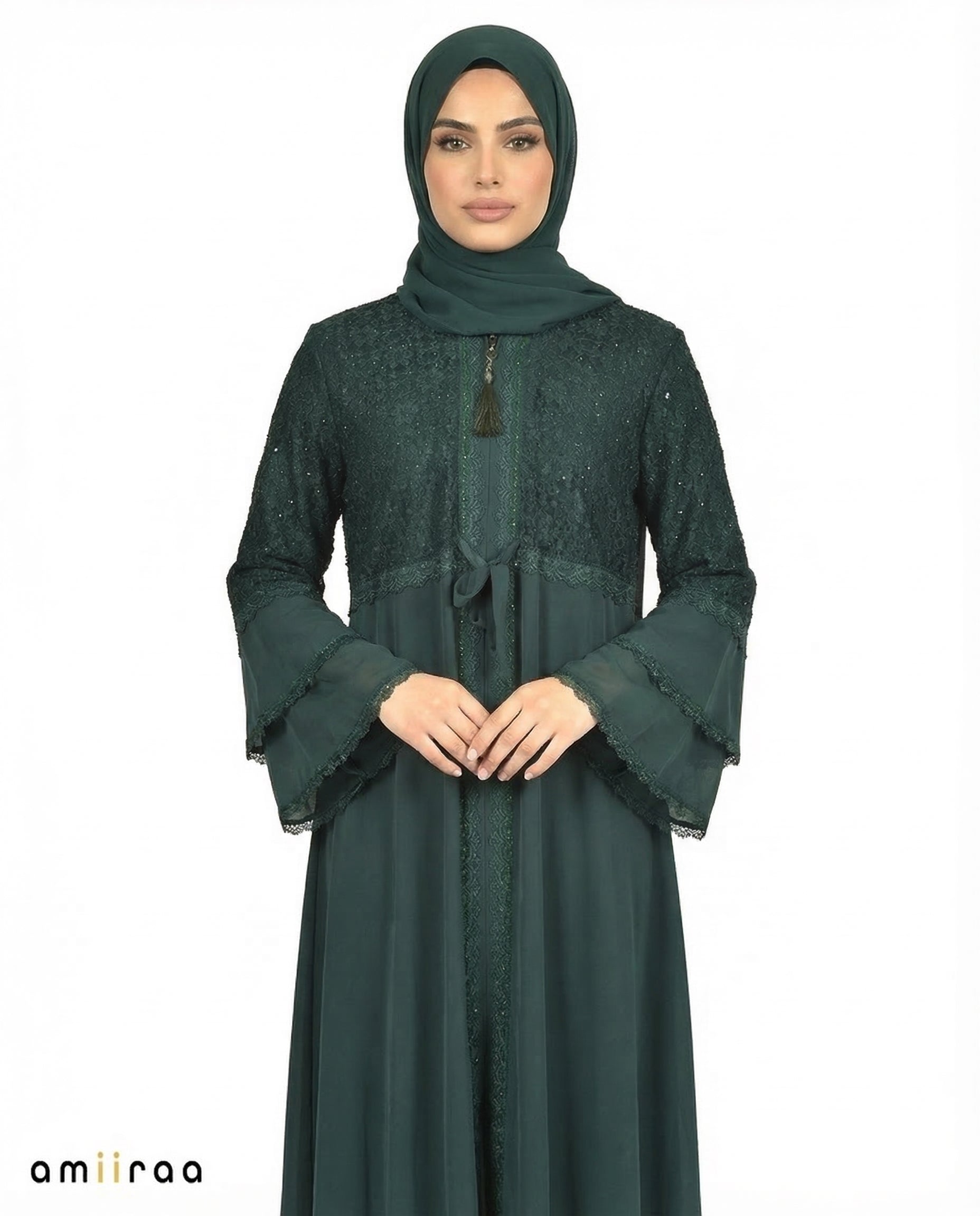 Ponderosa Pine Elegant Embellished Lace Bodice Full Length Abaya
