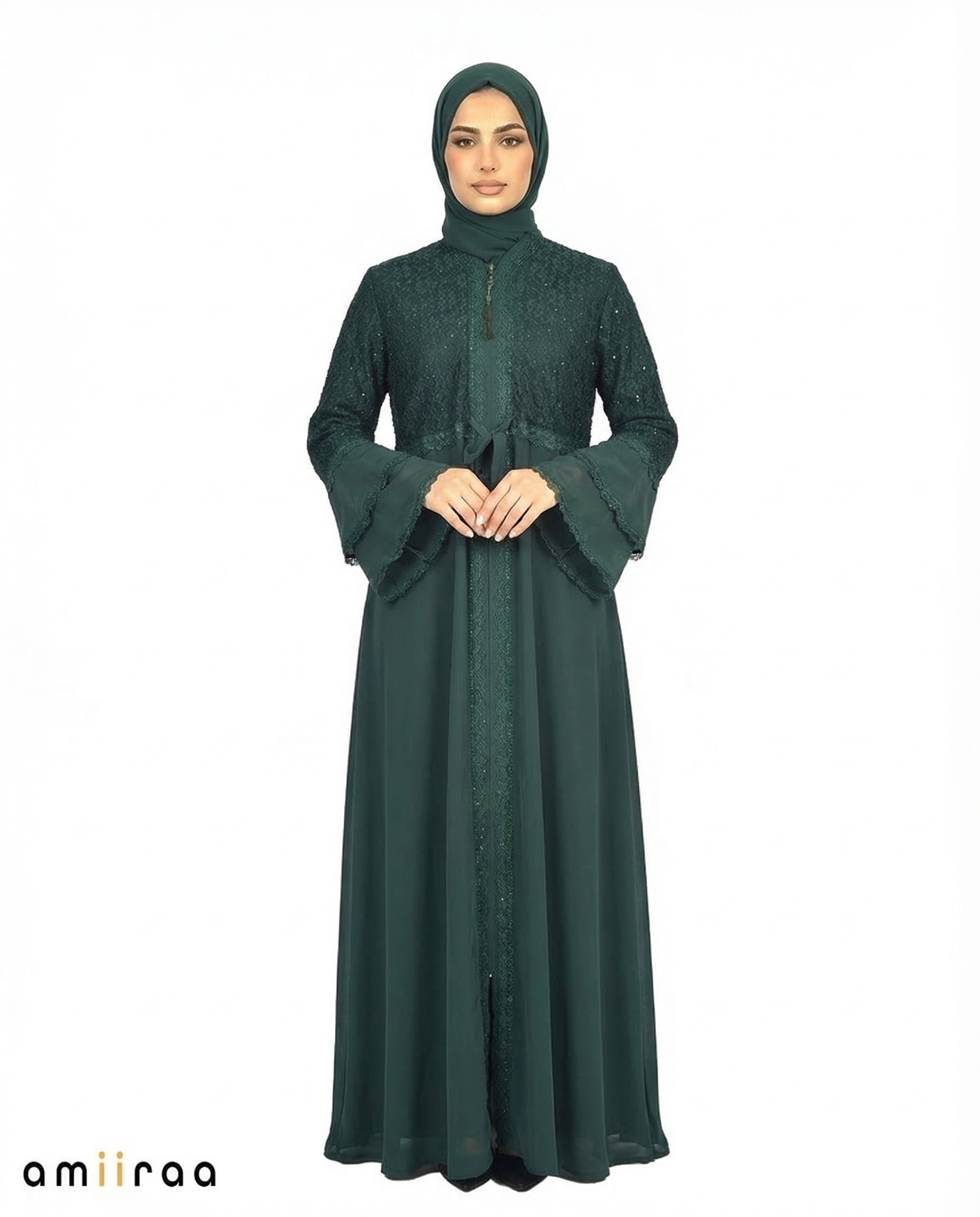 Ponderosa Pine Elegant Embellished Lace Bodice Full Length Abaya