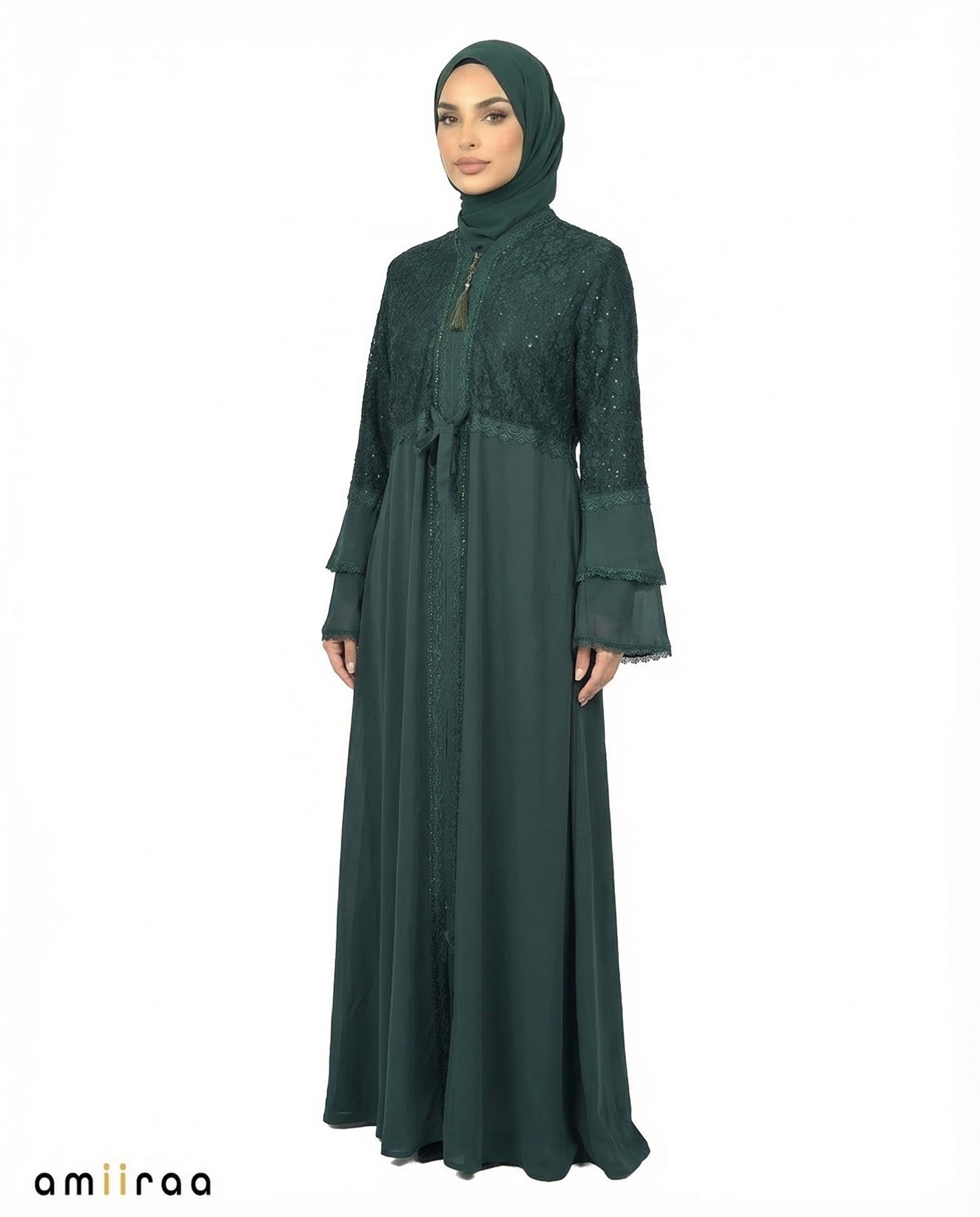 Ponderosa Pine Elegant Embellished Lace Bodice Full Length Abaya