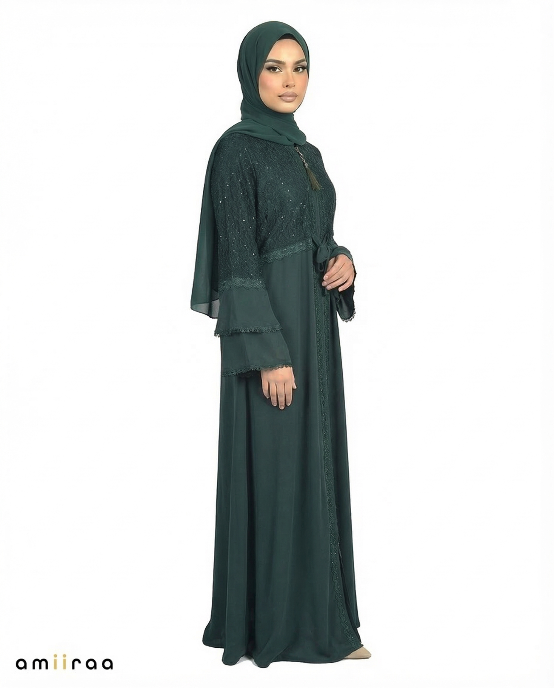 Ponderosa Pine Elegant Embellished Lace Bodice Full Length Abaya