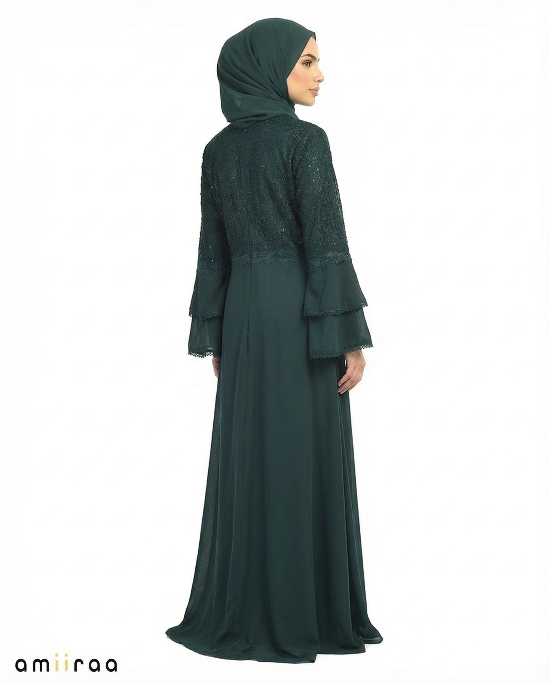 Ponderosa Pine Elegant Embellished Lace Bodice Full Length Abaya