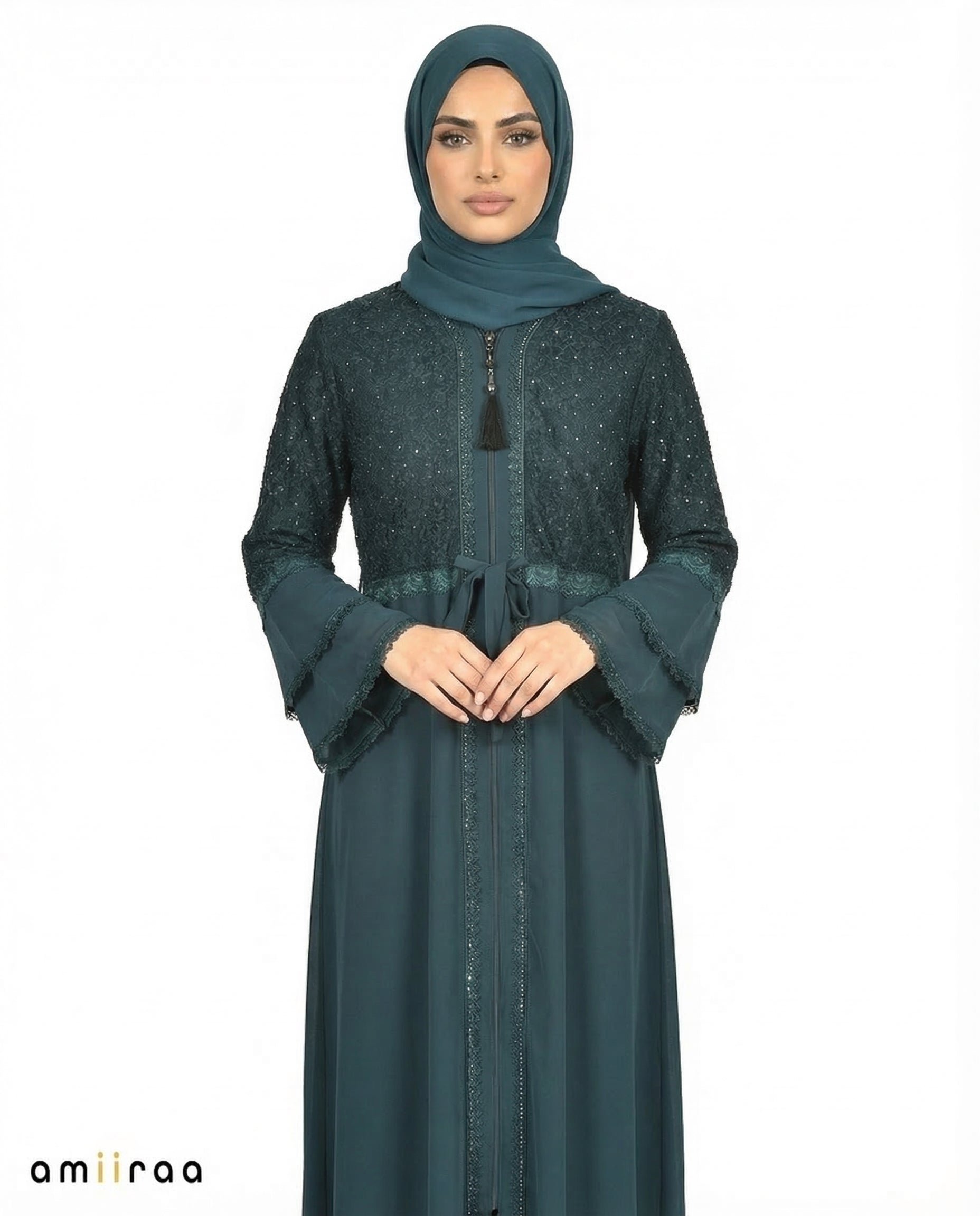 Blueberry Elegant Embellished Lace Bodice Full Length Abaya
