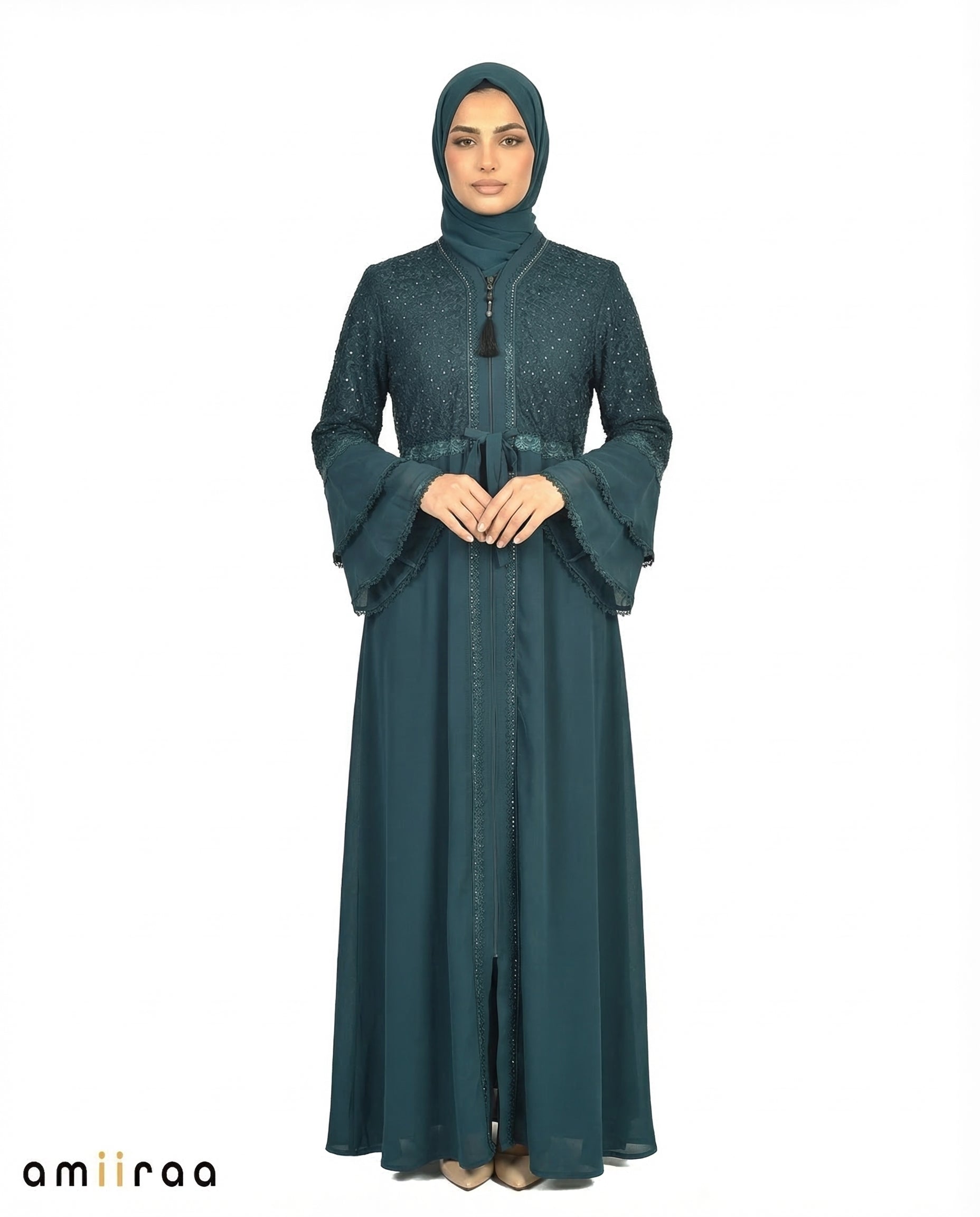 Blueberry Elegant Embellished Lace Bodice Full Length Abaya