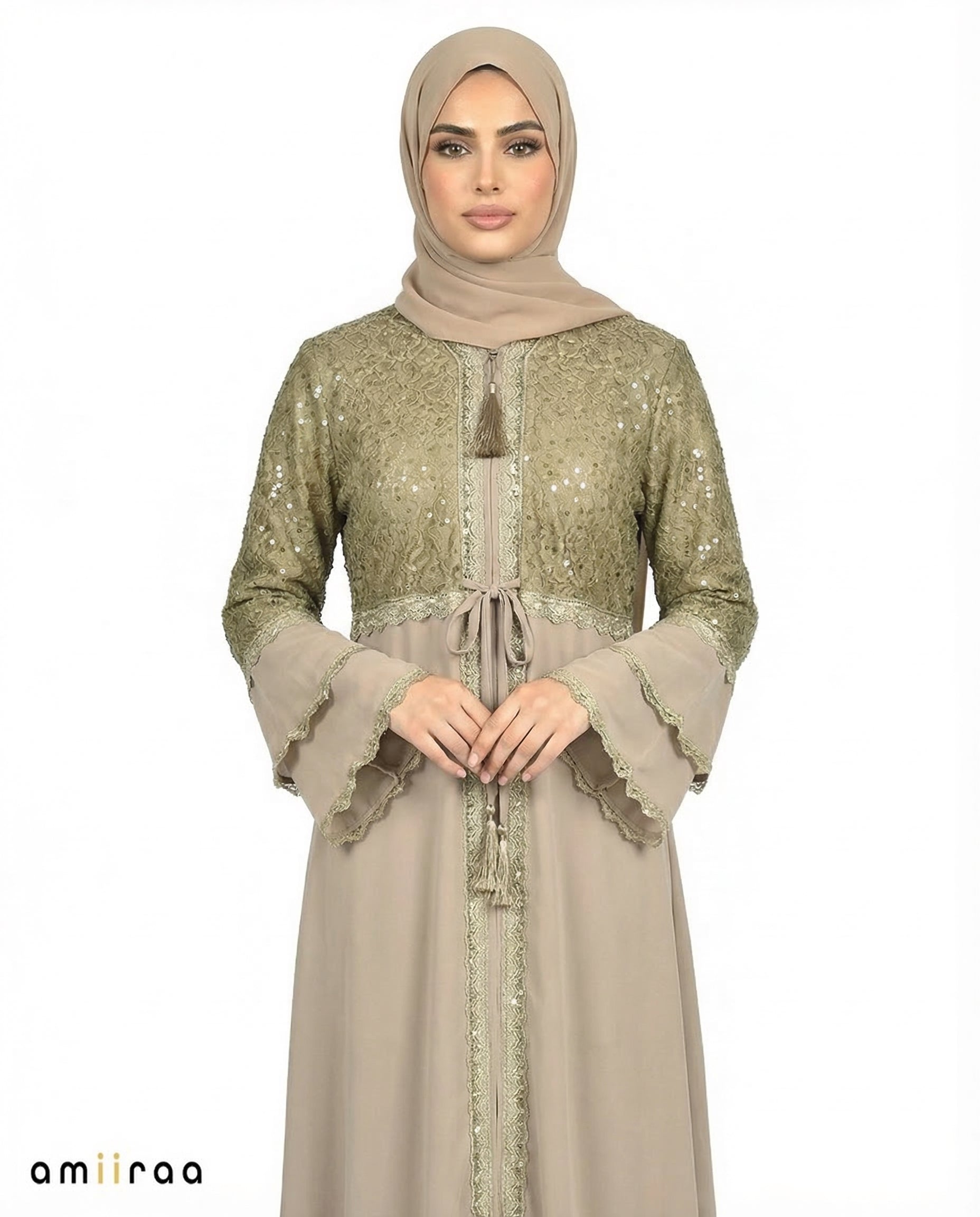 Fallen Rock Elegant Embellished Lace Bodice Full Length Abaya