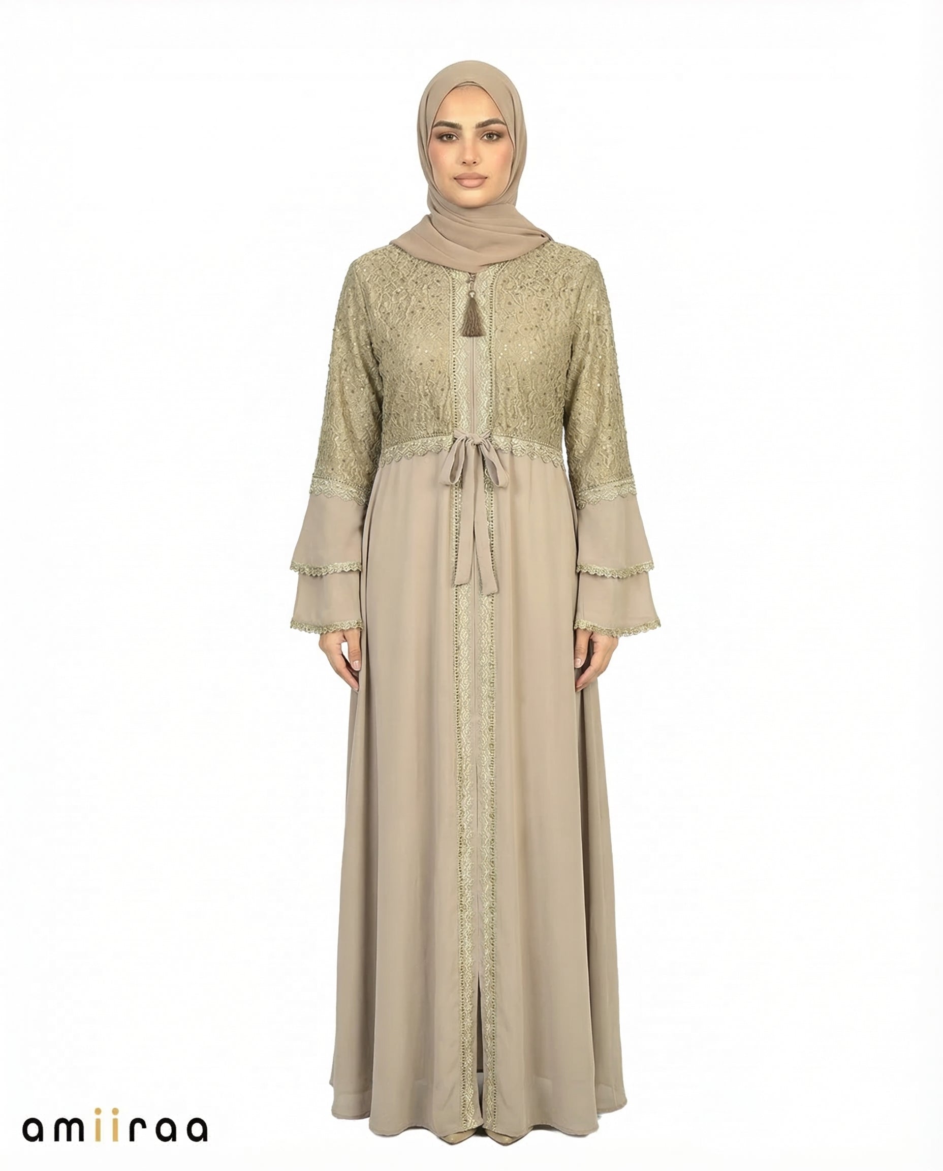 Fallen Rock Elegant Embellished Lace Bodice Full Length Abaya